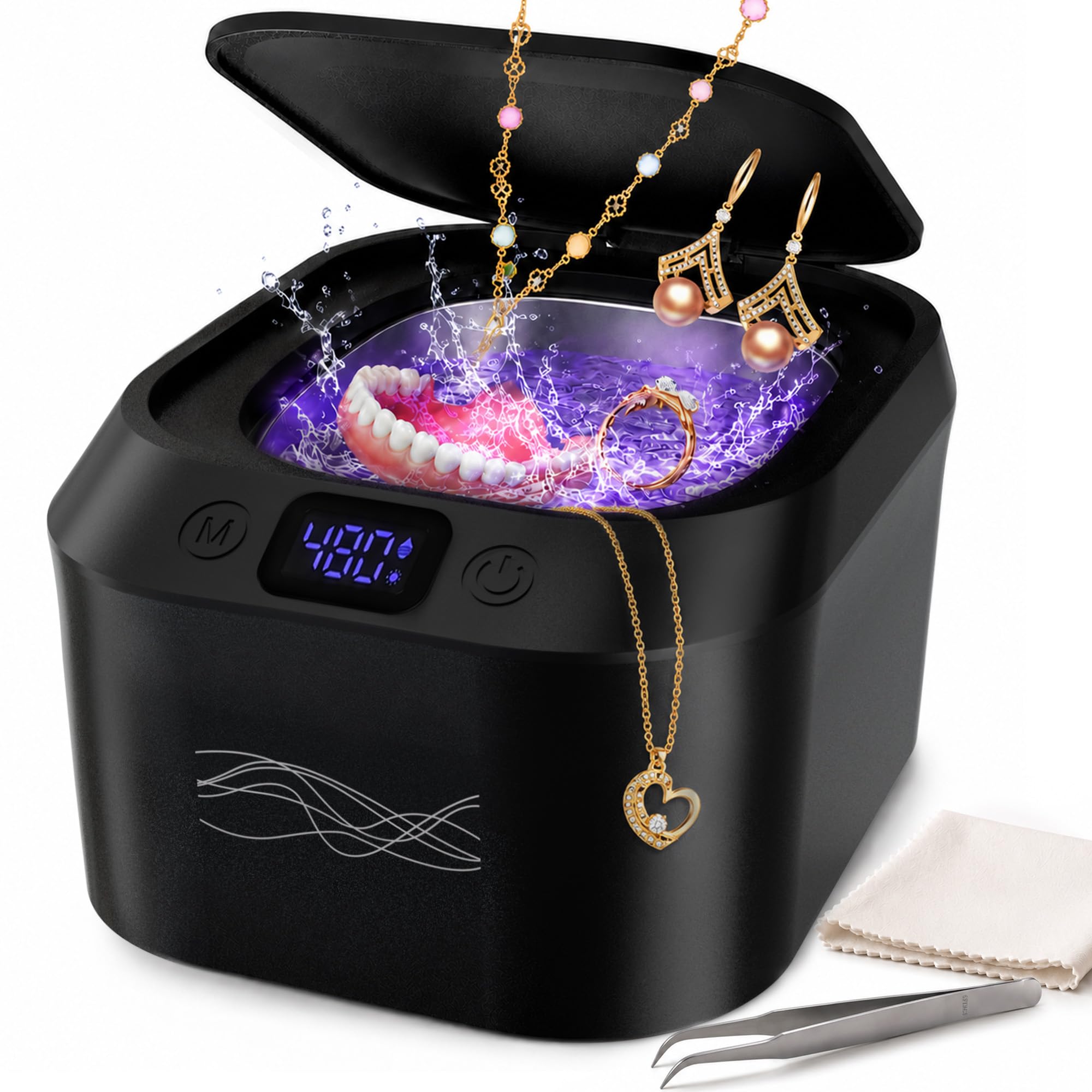 Pulitore a Ultrasuoni per Apparecchio, Pulitore a Ultrasuoni da 48kHz con Luce UV, Contenitore da 220mL, 7 Modalità, Pulitore Dentale per Dentiera, Paradenti, Allineatore, Bite e Gioielli