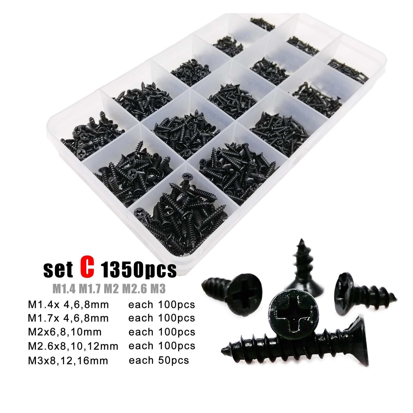 Boulons en Acier Inoxydable Kit d'assortiment de vis à Bois autotaraudeuses, 700/1000/1350/2010 pièces, M1 .4 .7 M2 M3 M4, Croix Phillips Noire, tête fraisée Plate(Set C 1350pcs)