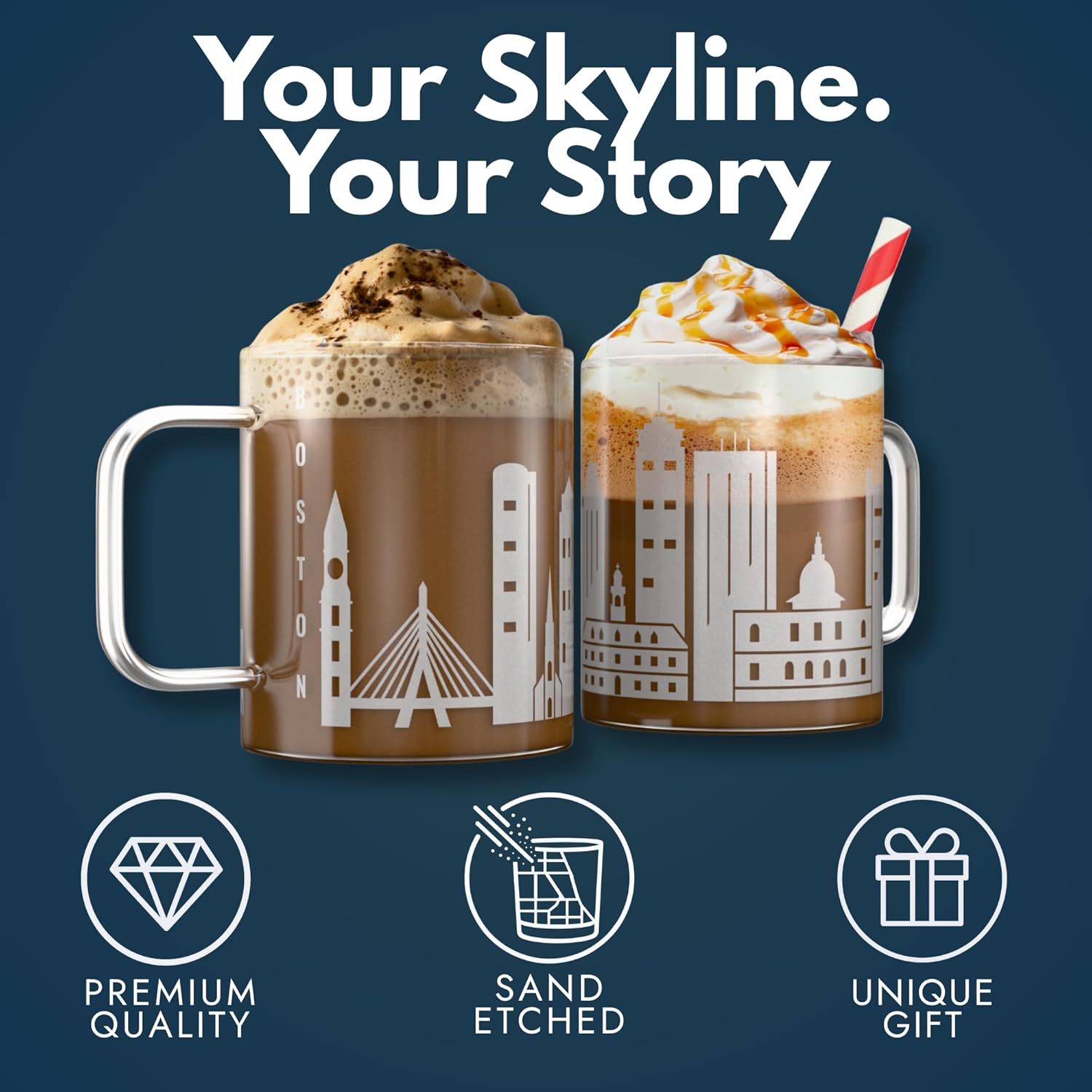 Greenline Goods – Boston, MA Skyline Glass Coffee Mugs (Set of 2), 15 oz – Etched Wrap Design - Image 5