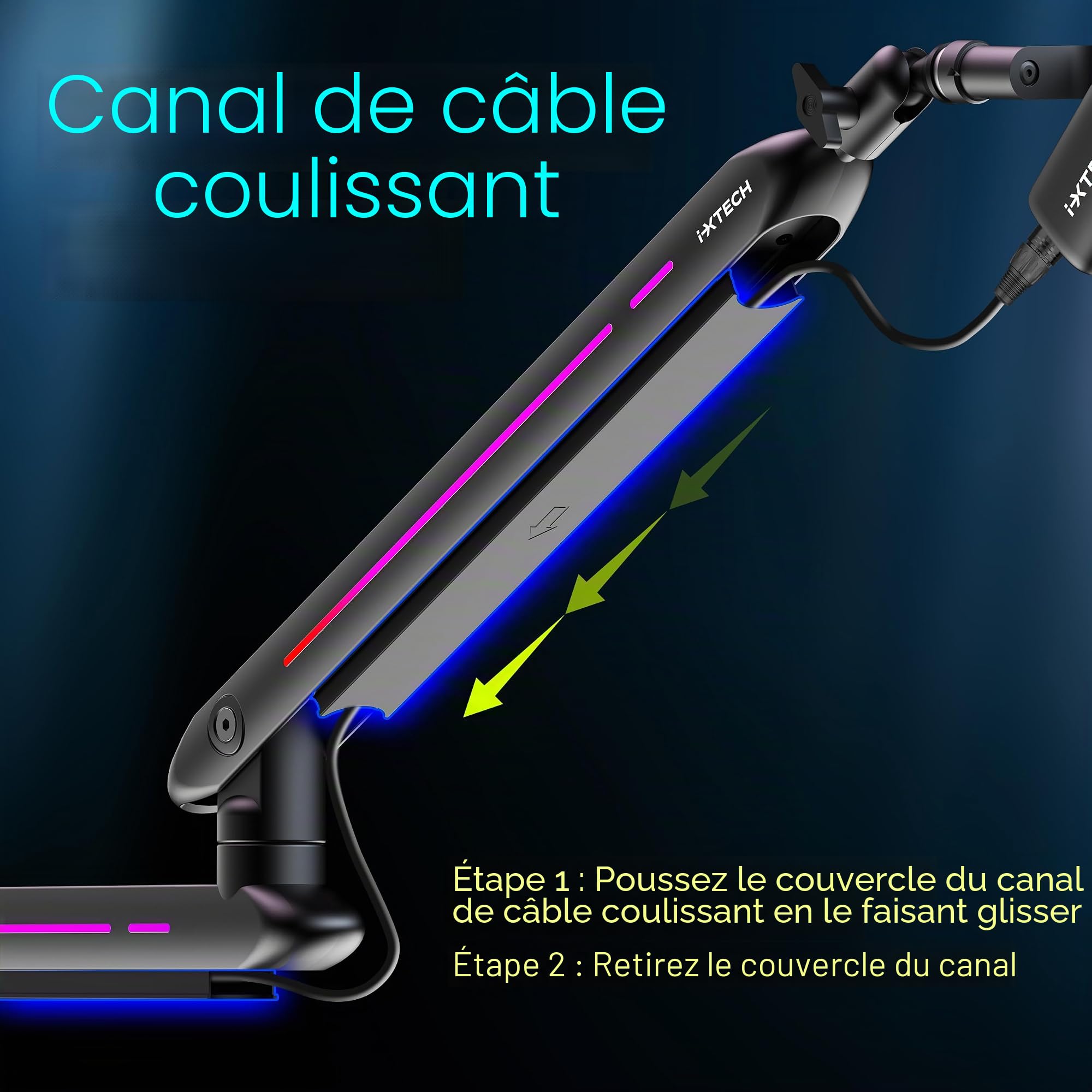 IXTECH Bras de microphone RVB à profil bas, support réglable avec pince de bureau, rotatif pour gestion des câbles pour podcast, streaming