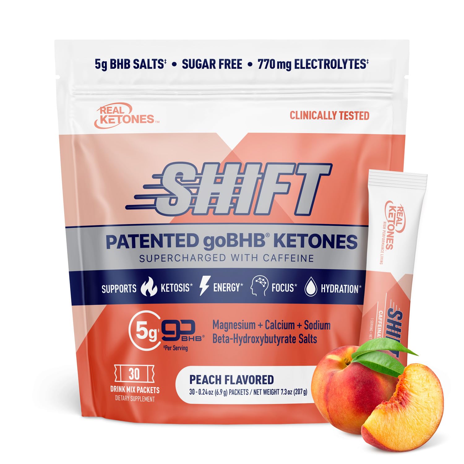 Real KetonesBHB Exogenous Ketones Drink Mix Packets Keto Electrolytes Powder Packets No Sugar with 4 Main Fasting Electrolytes Plus Hydrating Patented Keto BHB - 30 Count Peach Caffeine