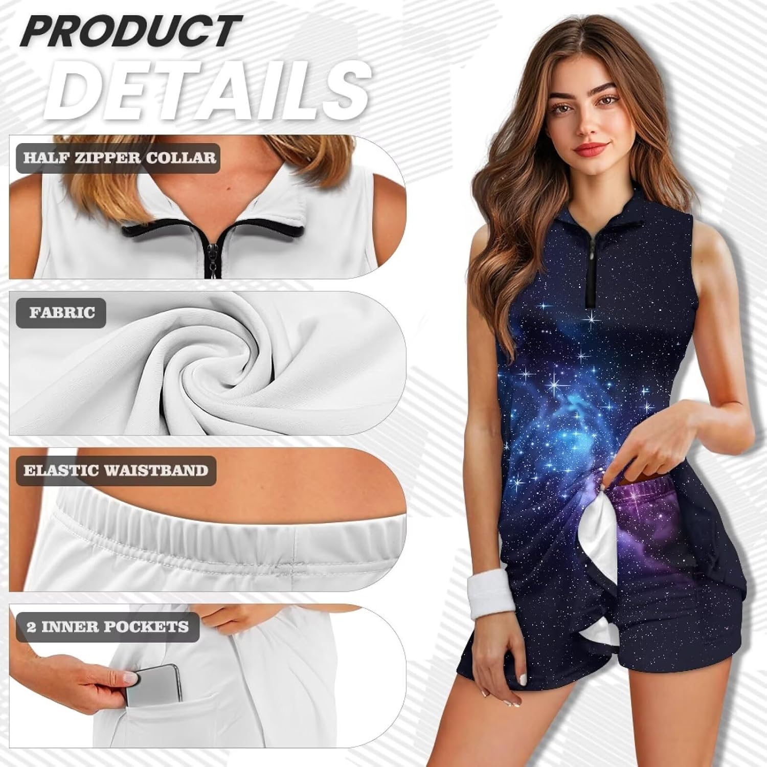 Daisy Flower Womens Tennis Dresses Halloween Sugar Skull Sleeveless Zip Golf Dress Tie-Dye Athletic Workout Dress