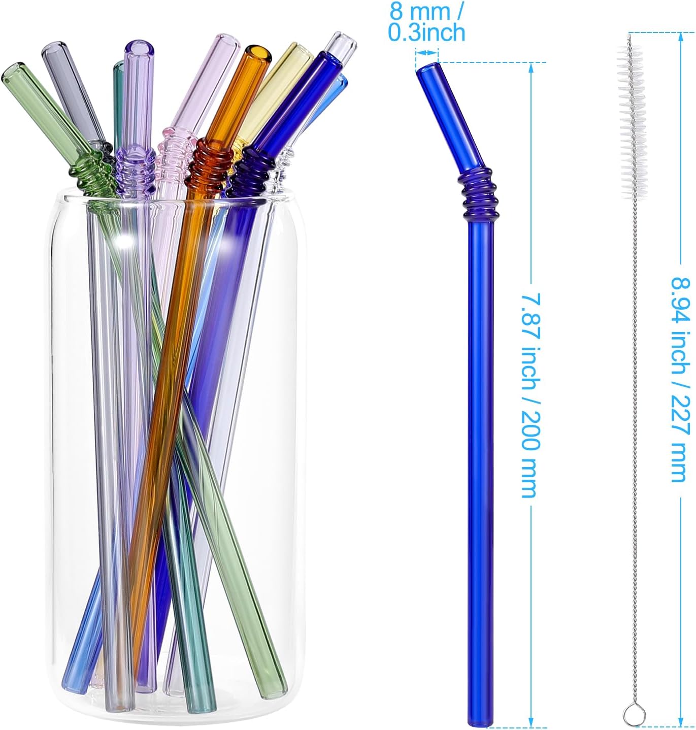 10 Pcs Reusable Bent Colored Glass Straws,8''x8 mm Shatter Resistant Cute Drinking Straws with 2 Cleaner Brush for 16 oz 18 oz Glass Cups and Home Drink Cups
