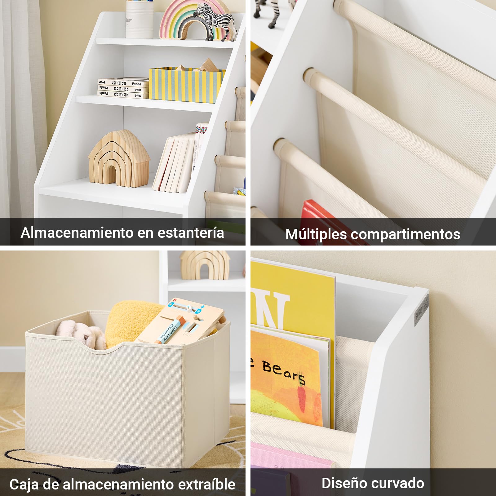 SoBuy Libreria Infantil Montessori con 6 Bolsillos Tela 80x40x80cm | Estanteria Libros Infantil con Almacenaje Juguetes, 3 Estantes y 1 Cajón de Tela, Mueble Infantil, Blanco, KMB119-W