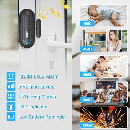 Miniatura 6 de Alarmas para puerta de piscina para seguridad del hogar, volumen de 0 a 120 dB ajustable con 4 modos, alarma de puerta inalámbrica con control