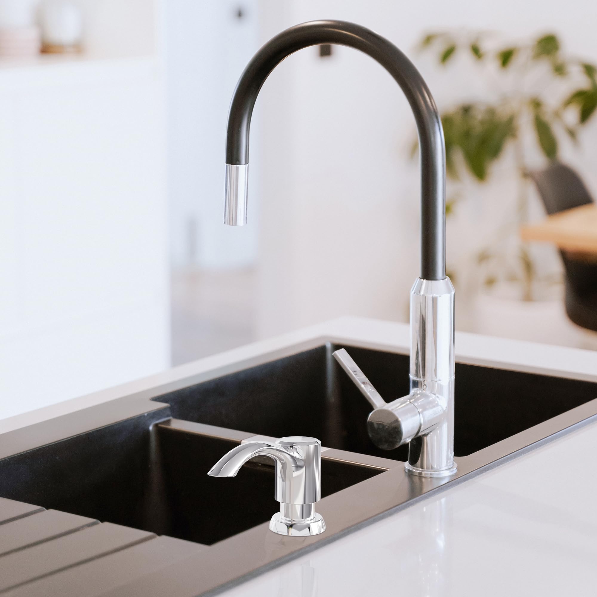 SAMODRA Dispenser di sapone da cucina integrato (cromato) con kit tubo esteso da 99 cm, design a prova di perdite, niente più ricariche disordinate