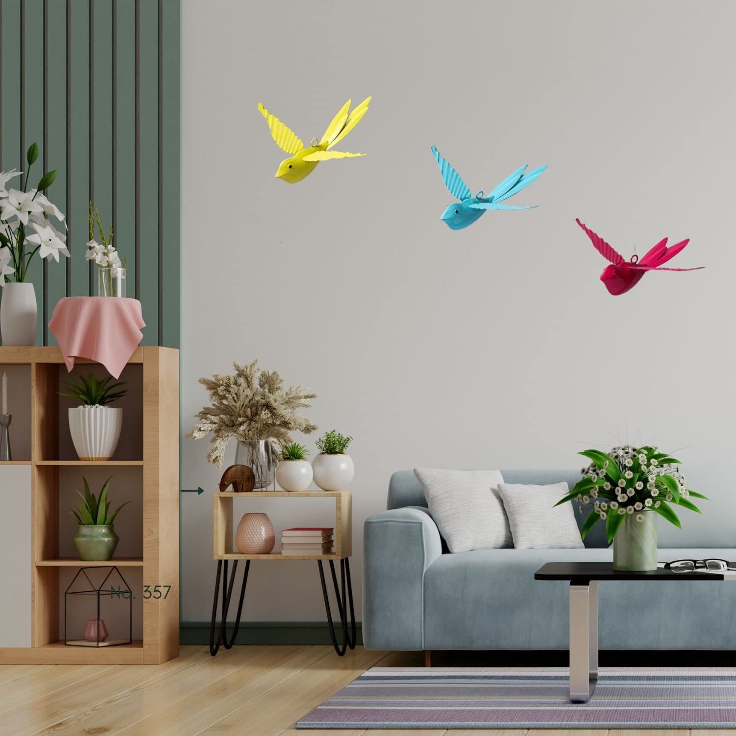 dudki Hanging Decorative Bird for Home Balcony and Garden Decor Large (Set of 3 -Pink,Aqua,Yellow),Metal 4