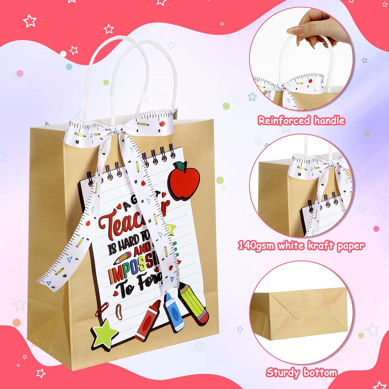 Kolldenn 24 Pcs Teacher Appreciation Gift Bags with Ribbon Thank You Teacher Kraft Paper Gift Bag 10.63'' x 8.27'' x 4.33'' with Handle for Graduation Retirement Appreciation Day End of School Year