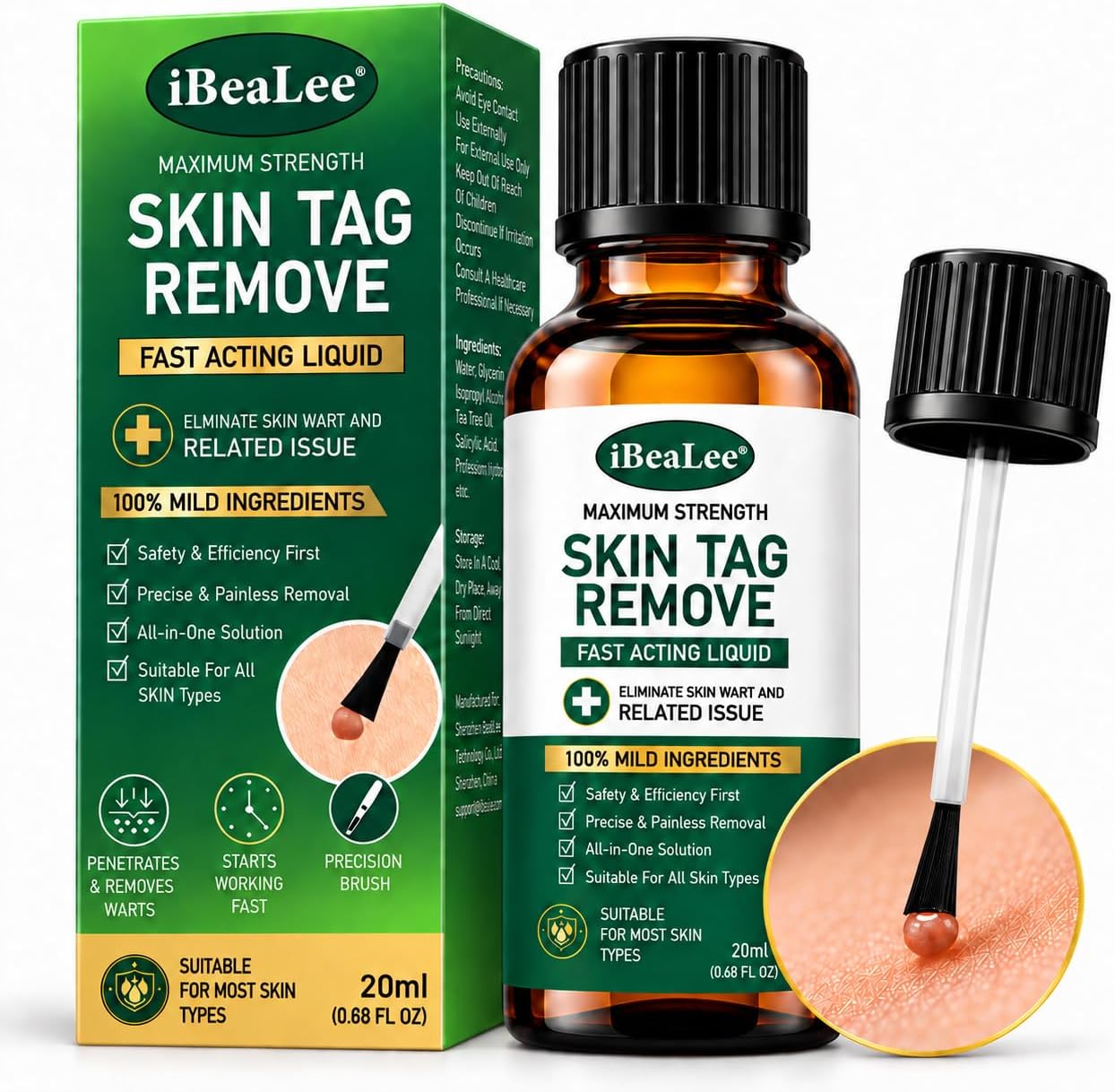 Skin Tag Remover with Salicylic Acid, Fast-Acting Botanical Liquid Formula with Precision Brush for Gentle, Targeted At-Home Care on the Neck, Underarms, Hands and Feet, 0.67 Fl Oz (20 mL)