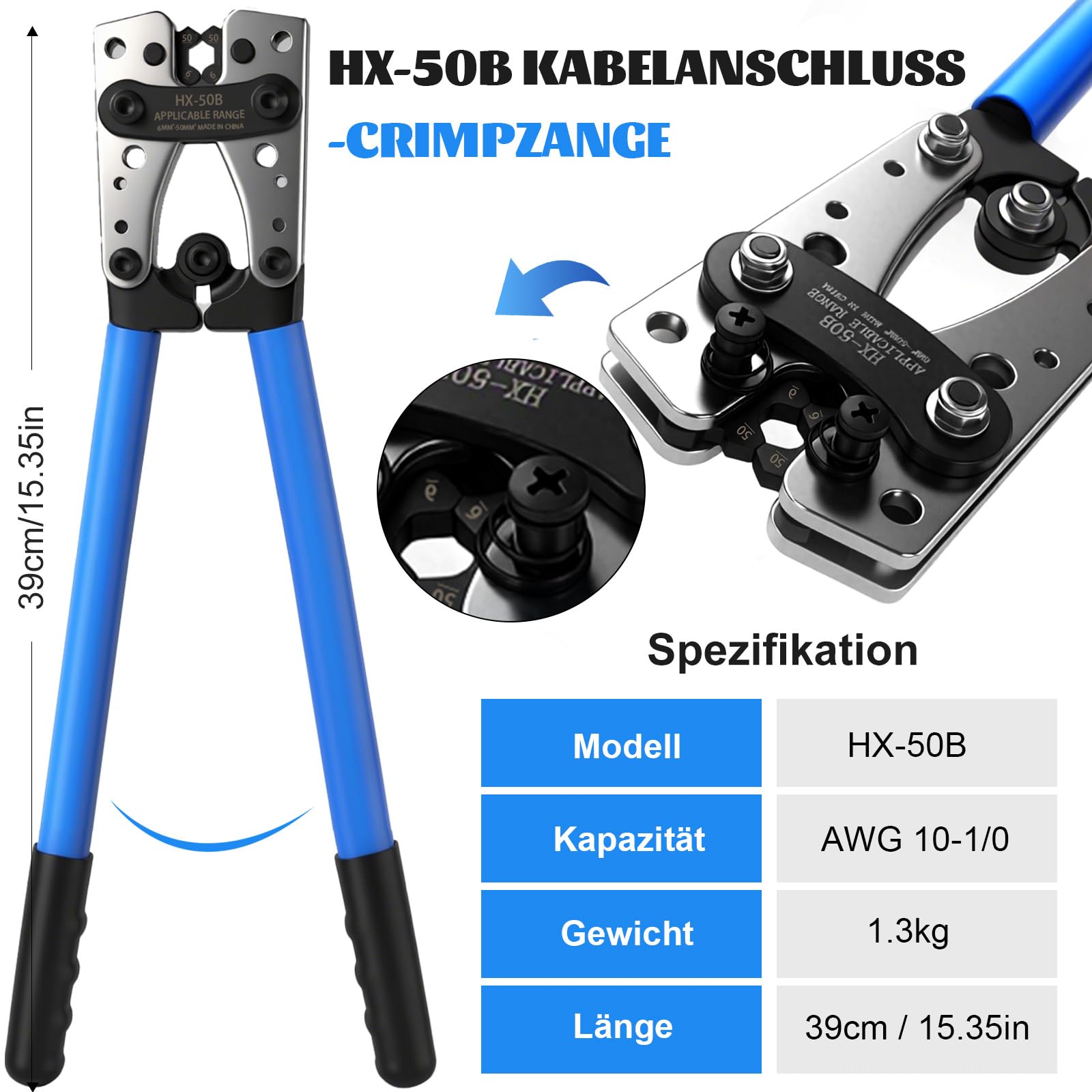 Batteriekabelklemmen Crimpzange Werkzeug mit Drahtschere Schneide Set für 6/10/16/25/35/50 mm² Querschnitt Kabelklemmen Crimpen, 80 St.verzinnten Kupferringterminalen und 100St.Schrumpfschlauch