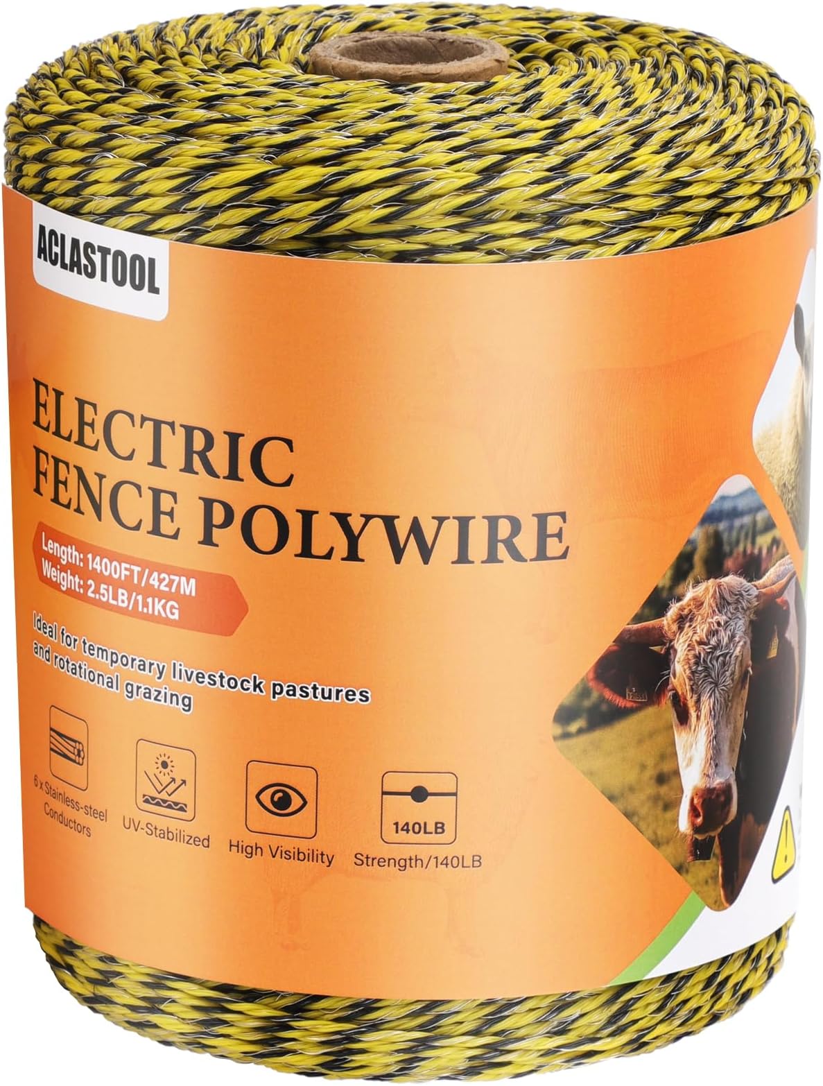 Electric Fence Wire, 1400ft 427m, Polywire for Portable Livestock Fencing, 6 Stainless Steel Strands for Reliable Conductivity and Rust Resistance, UV Resistant