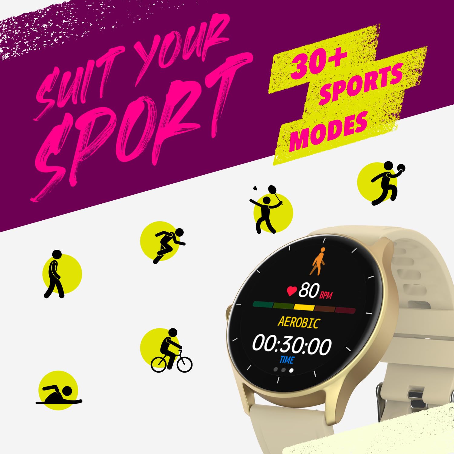 Noise Alt Vibe Lite Smartwatch displaying aerobic activity tracking with icons for various sports modes