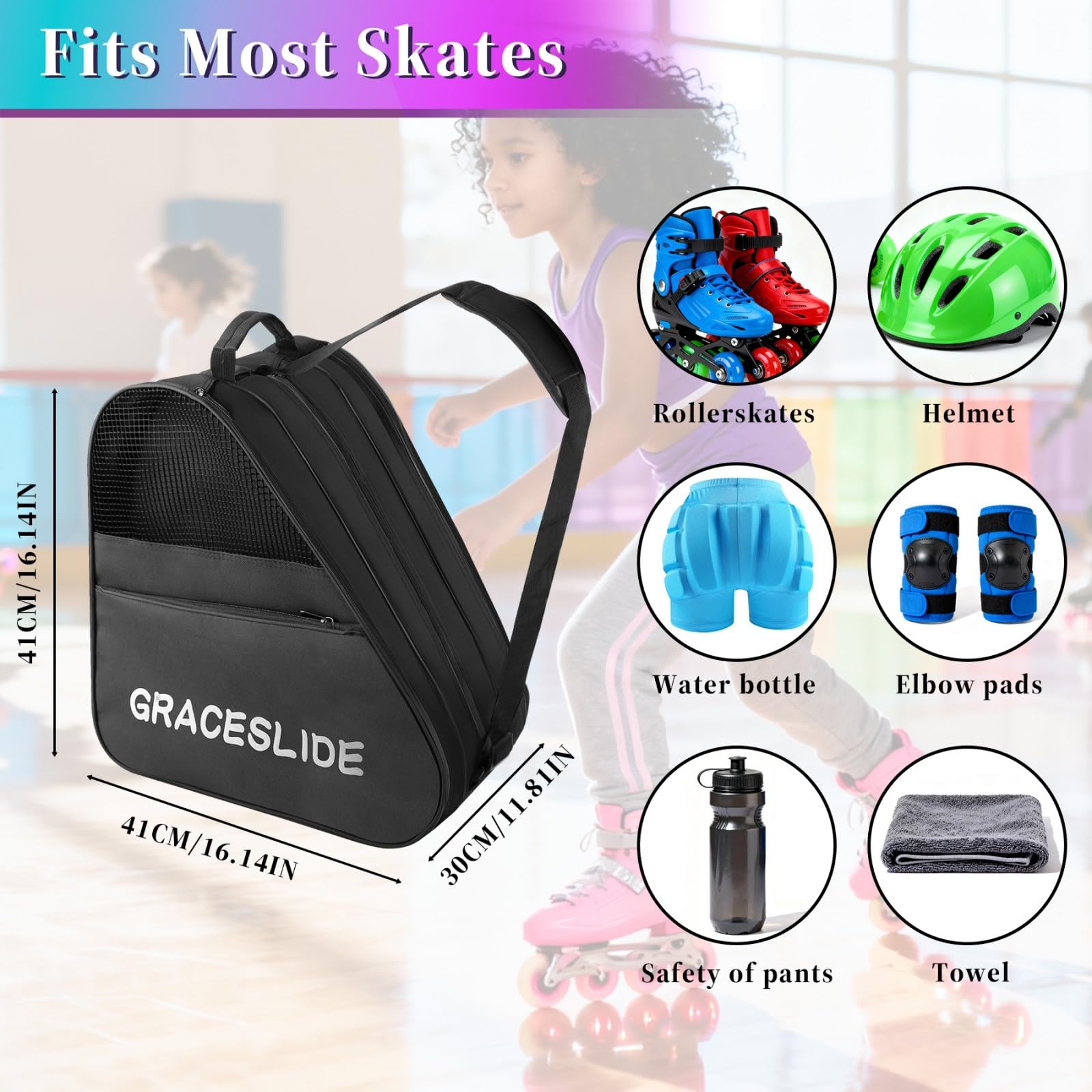 Inliner Tasche, Skatertasche, Skischuhtasche mit Verstellbare Riemen, Ice Skate Bag, Rollschuhtasche, Eishockey-Bag, Geeignet für Schlittschuh- und Hockeyzubehör (Schwarz)