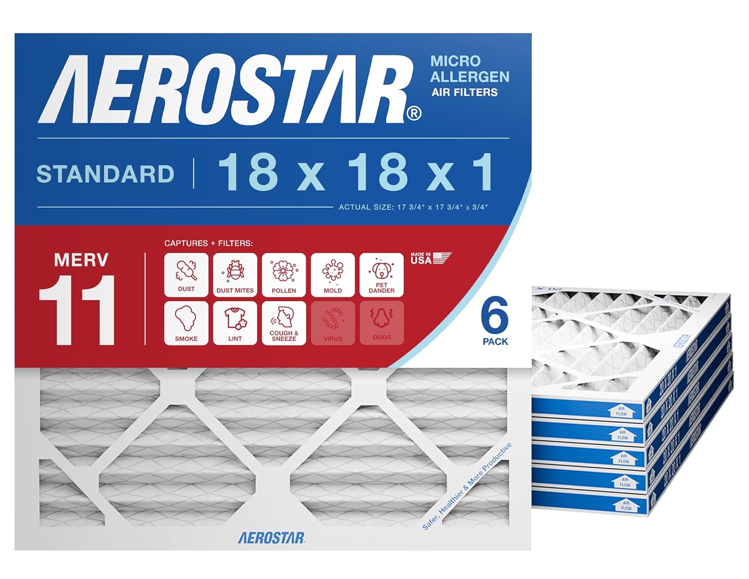 Aerostar 18x18x1 MERV 13 Air Filter, 6 Count, ACTUAL SIZE (17.50 x 17.50 x 0.75), HVAC, Air Conditioning & Furnace Filter for Allergies, Dust, Pet Dander & Smoke (MPR 1500 / FPR 10), Made in USA