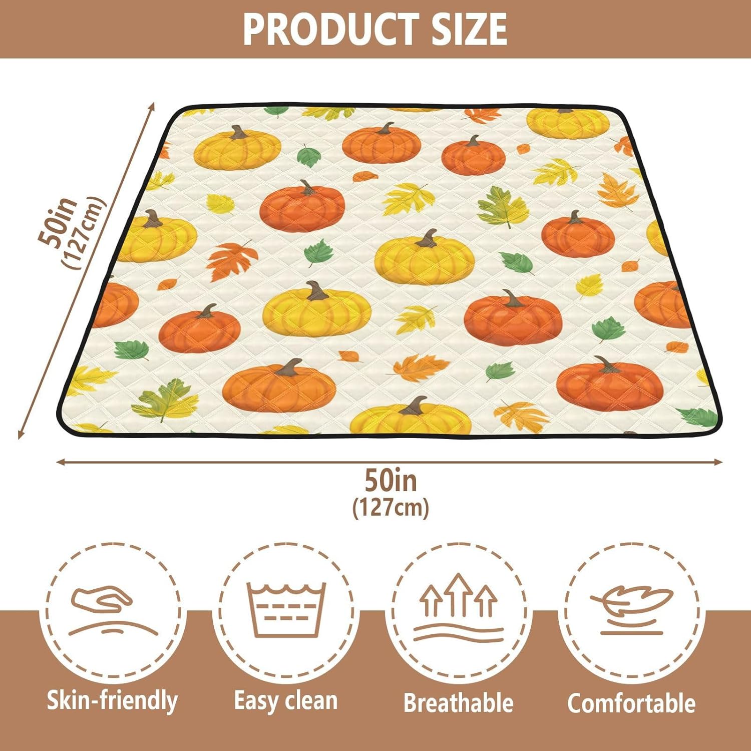 Doodle Colored Pumpkins Baby Play Mat, 50“ X 50” Washable Folding Crawling Mat, Baby Floor Mat, Soft, Non-Slip