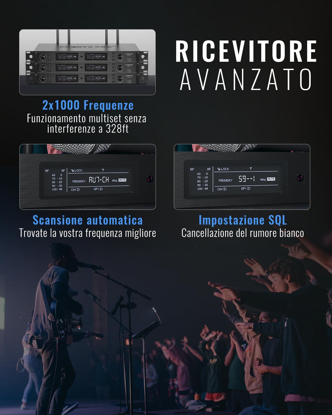 Phenyx Pro Sistema Microfono Wireless UHF a 2 canali PTU-2U-2H | True Diversity, Auto Scan, 2 × 1000 canali, portata 328 ft, sync IR rapido, 2 microfoni dinamici, voce live
