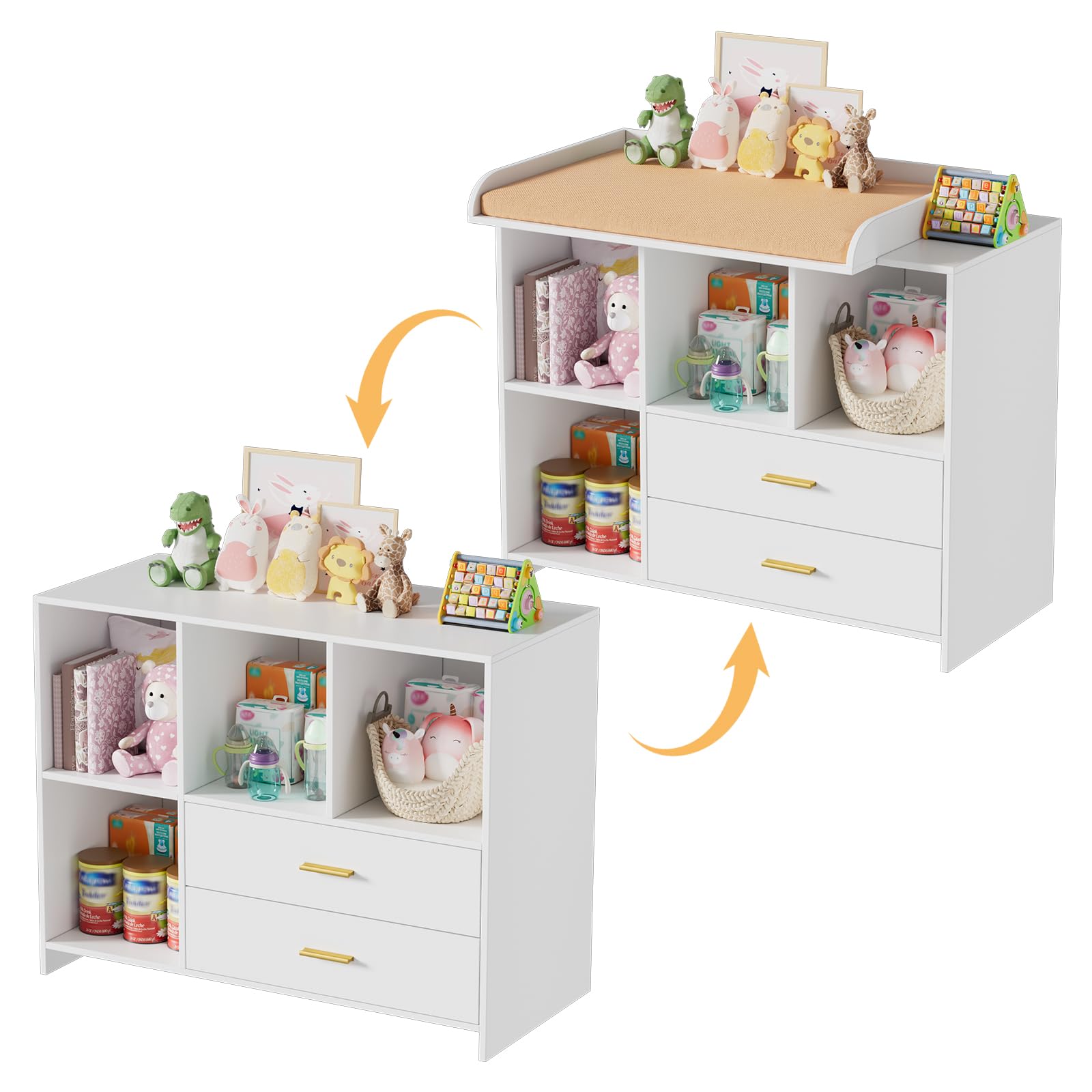MSFE Cambiador bebe 2 en 1 Mueble Cambiador Bebe, Cómoda con Desmontable Comoda Cambiador, 2 Cajones y 3 Compartimentos, Cajonera de 94.7x40x81.2cm, Blanco