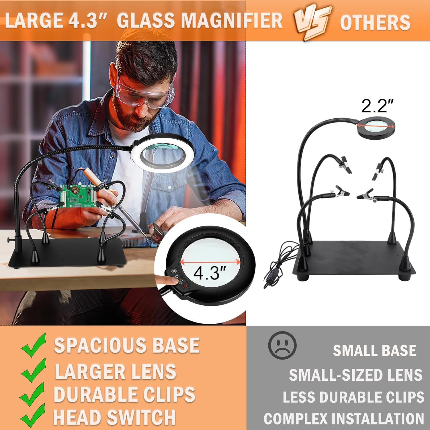 Soldering Helping Hands 10X Magnifying Glass with light and Stand PCB Holder, Drdefi Soldering Station Third Hand Tools Magnifier with Thickening Alligator Clip Large Magnetic Base for Repairing