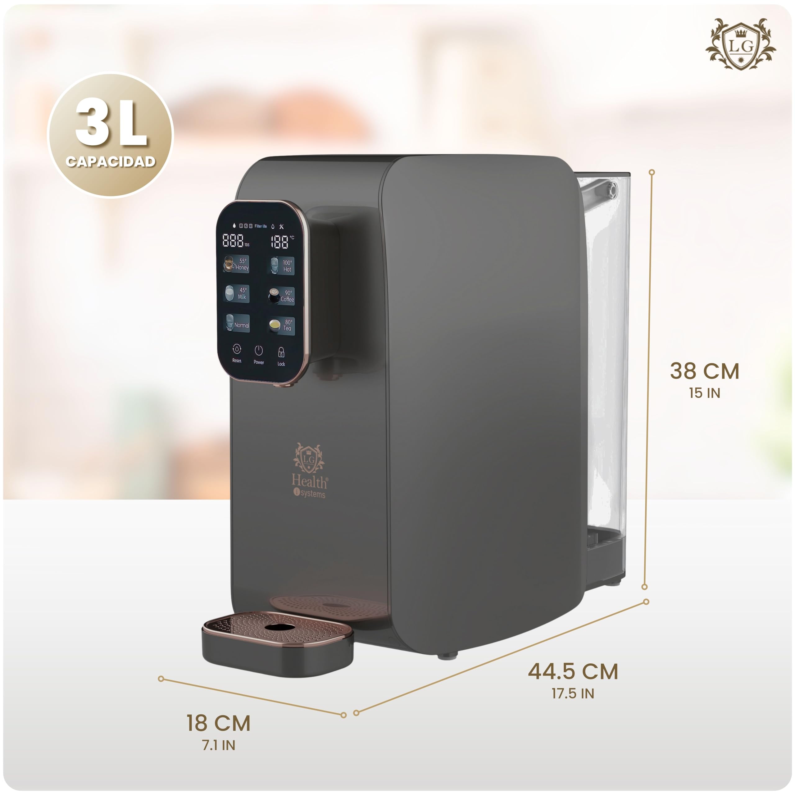 LG Health Purificador de Agua con Sistema de Ósmosis Inversa Compacta - Dispensador de Agua Potable con 6 Niveles de Temperatura - Máxima Filtración de Tóxicos - Sin Instalación - Filtros Incluidos.