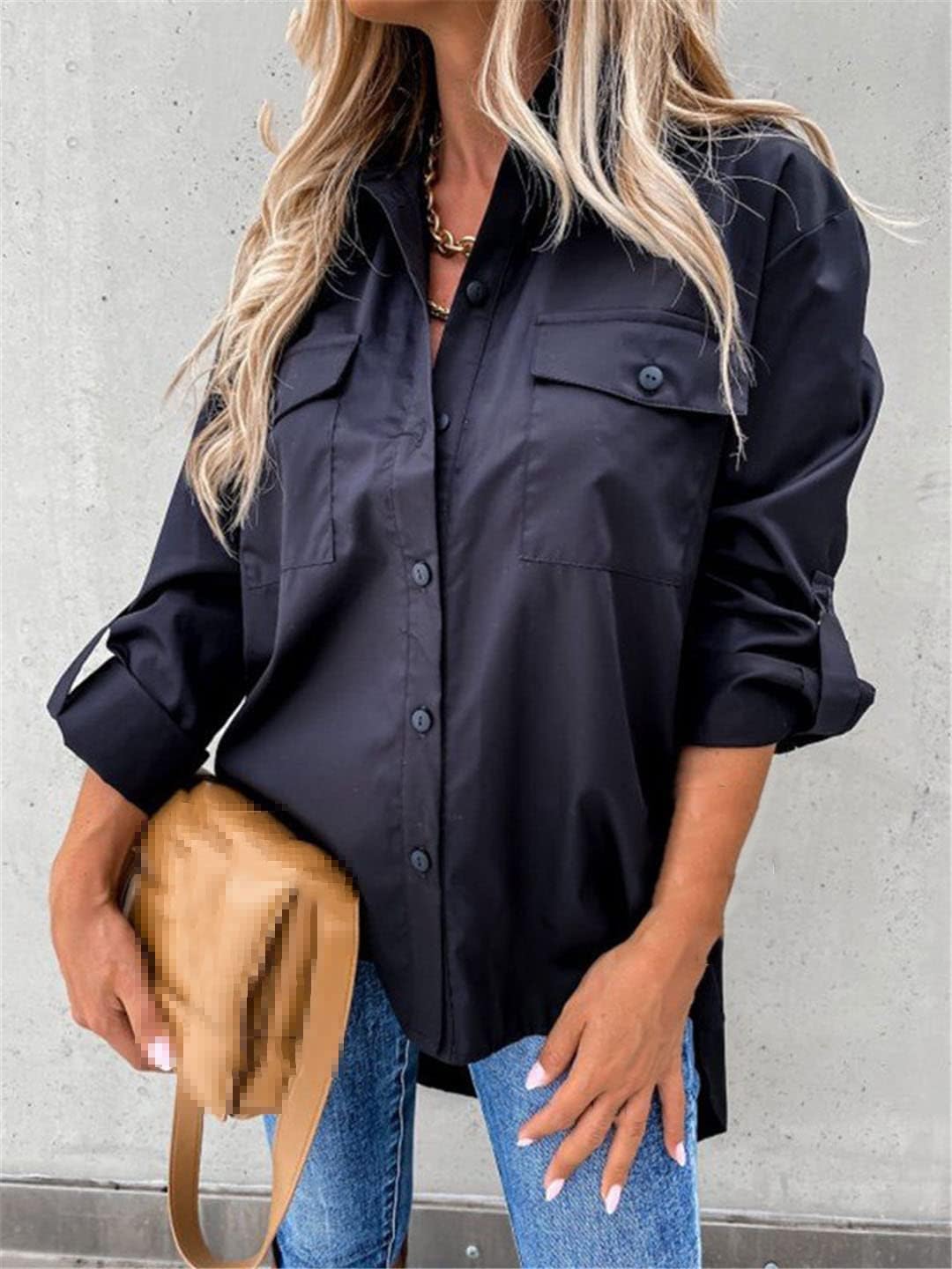 Women's Shirt Office Blouses Double Pocket Button Women Top