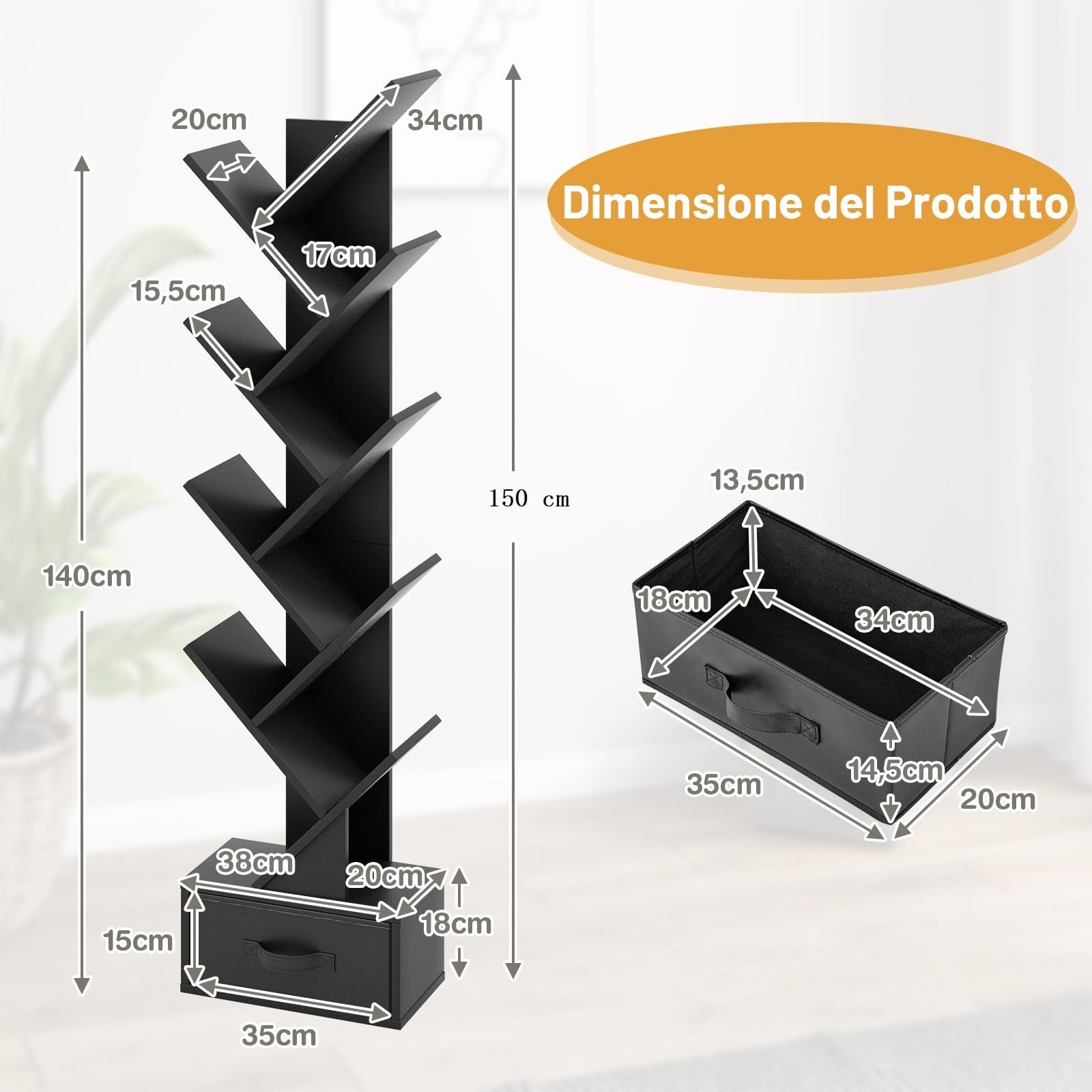 COSTWAY Libreria ad Albero in Legno, Scaffale a 10 Ripiani con Cassetto, Portaoggetti Autoportante per Soggiorno, Studio e Ufficio, 38 x 21,5 x 149,5 cm (Nero)