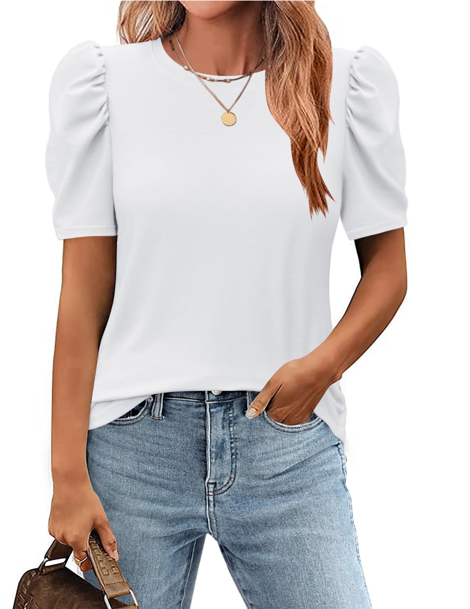 Zeagoo Tshirt Damen Tops Sommer Rundhals Oberteile Elegant Puffärmel Bluse Kurzarm Shirt Casual Outfit