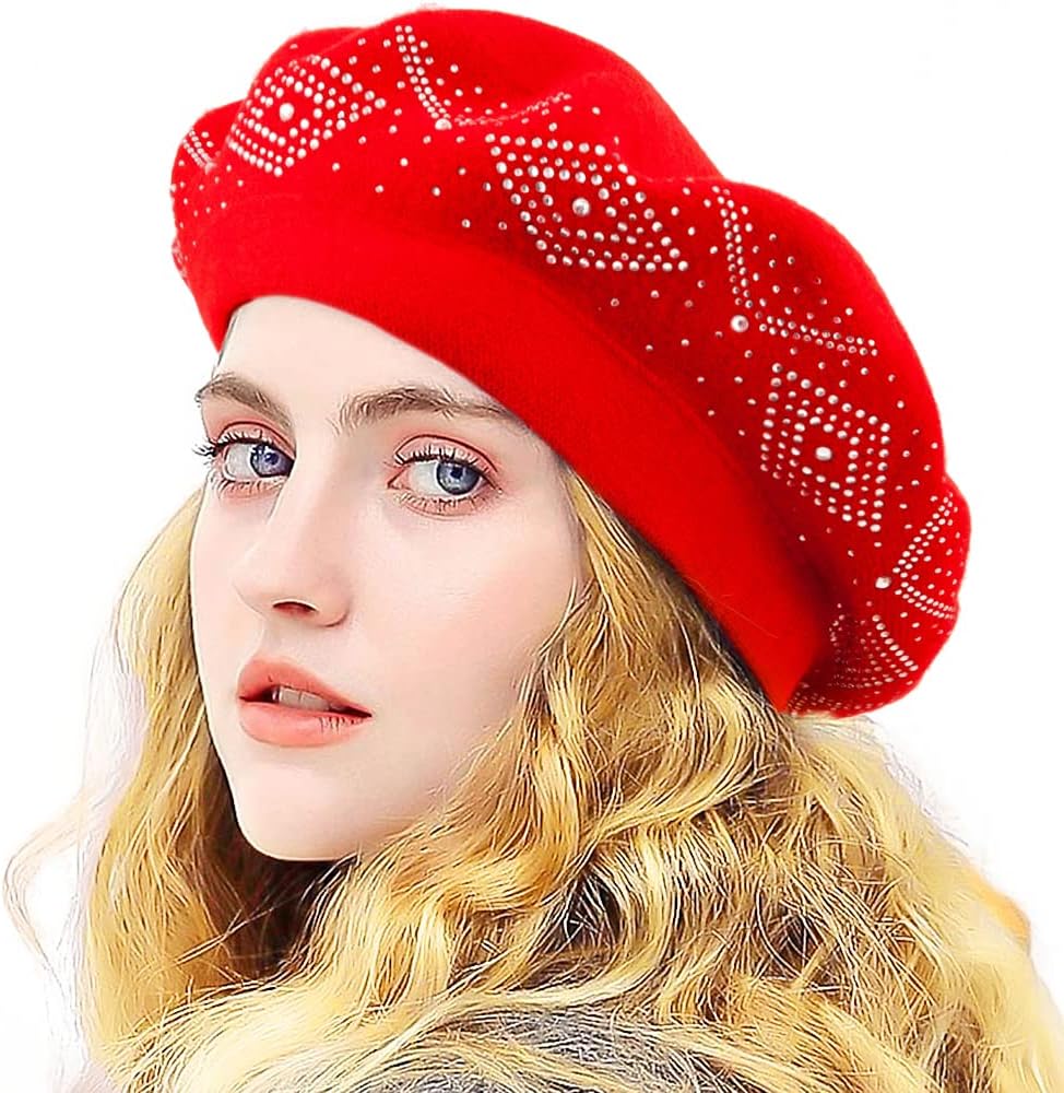 Winter Warm Rhinestone Beret Hats for Women 2 Layers Wool French Knit Cap Lady - Image 4