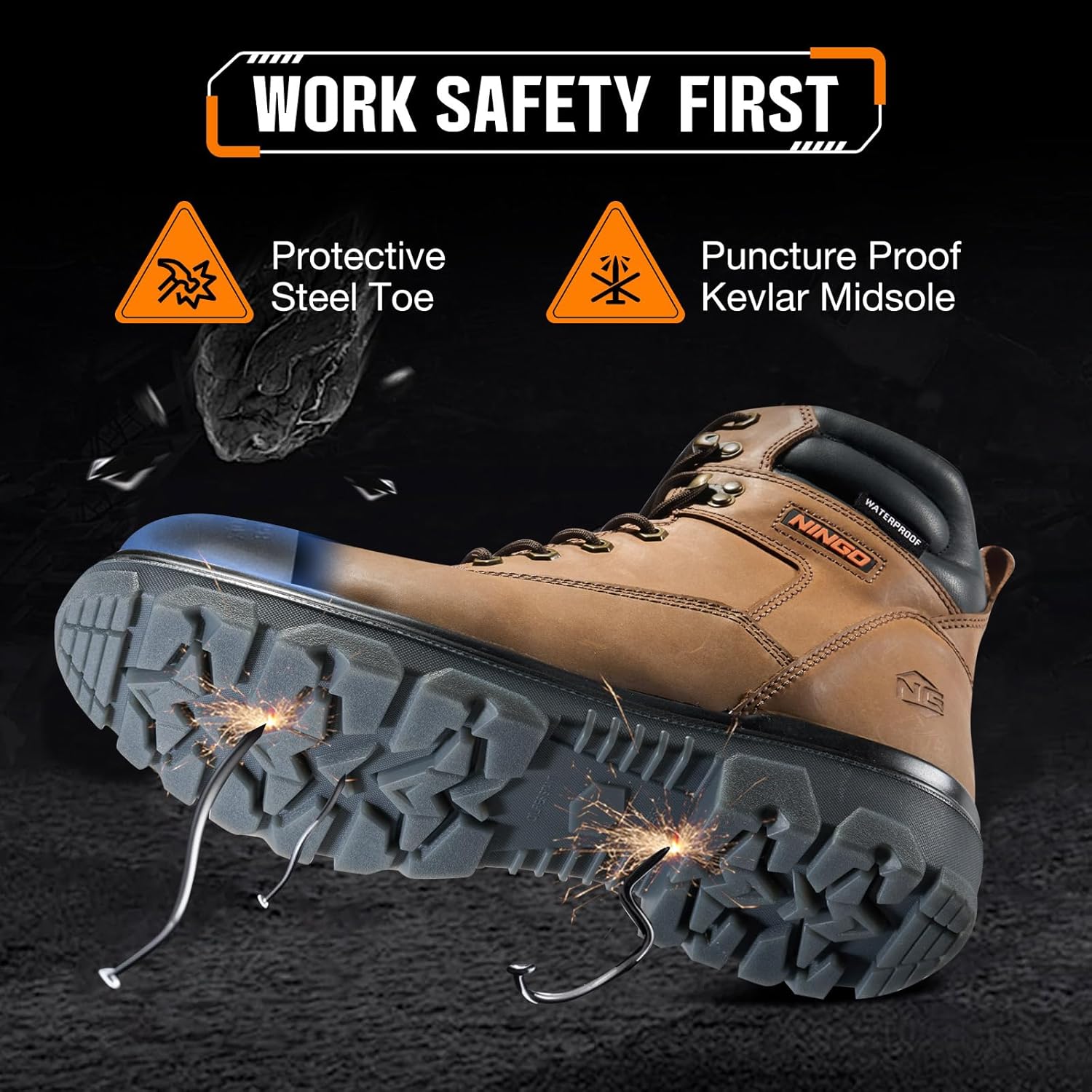 NINGO Work Boots for Men, Steel Toe Waterproof Boots with Puncture Proof, Oil & Slip Resistant, Comfortable Mens Construction Boot with EH Protection, Leather Shoes for Industrial - Image 5