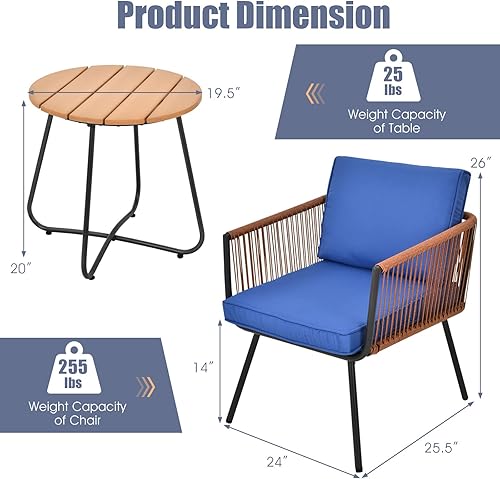 Miniatura 5 de RELAX4LIFE Juego de 3 piezas para conversación de patio, juego de sofá modular de mimbre de polietileno con mesa auxiliar, cojines de asiento
