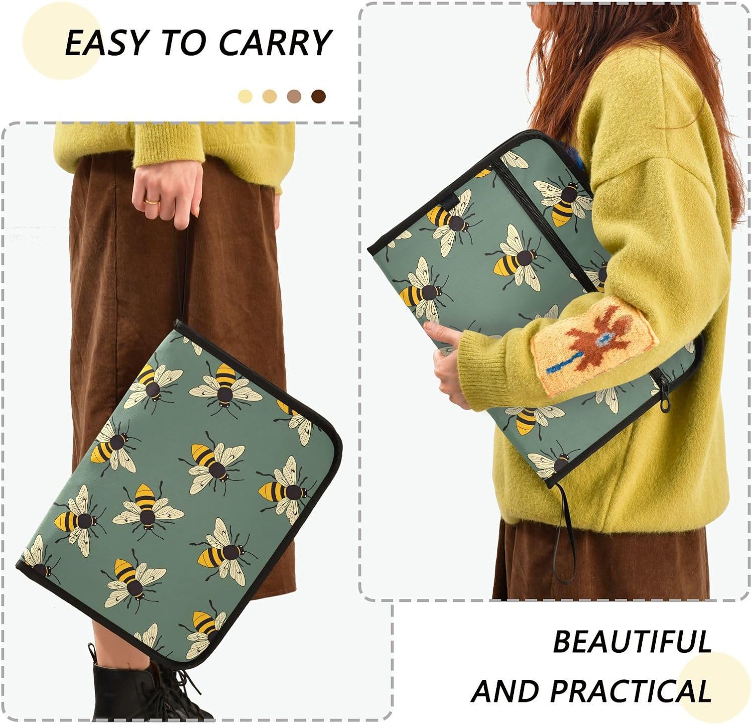 ALAZA Cute Bee Expanding File Folder, 13 Pockets Expandable Document Organizer Folder with Zipper Closure for Home Office A4 Letter Size Paper Document