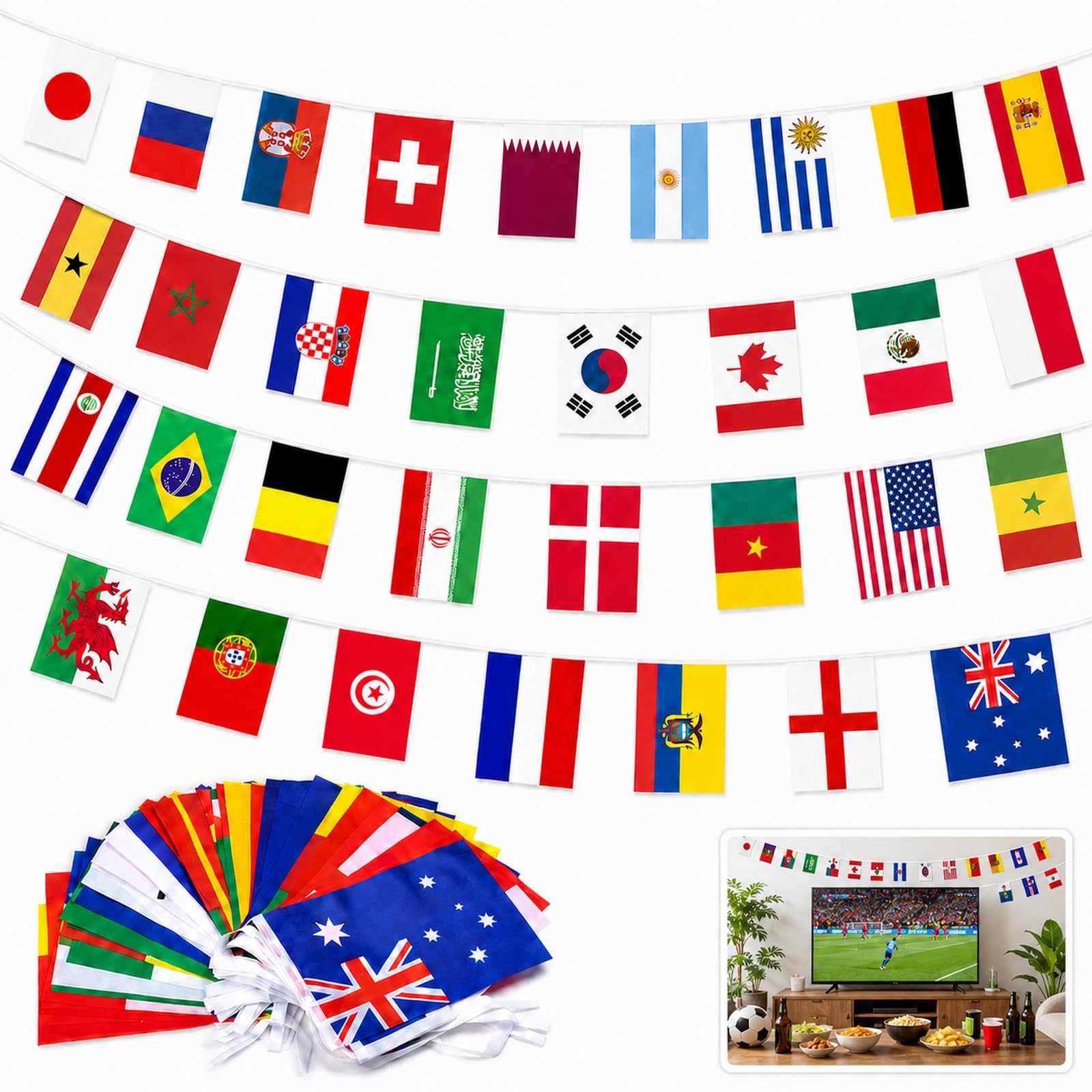 Guirlande Fanions 32 Pays 10m Drapeaux 20x10cm Double Face Bannière Football 2026