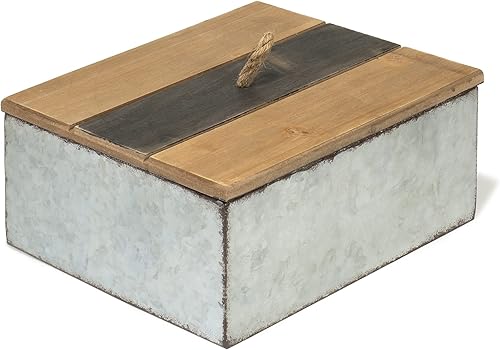 Miniatura 2 de Red Co. Caja de almacenamiento decorativa de metal galvanizado rústico de 10.25" x 8" con tapa de madera
