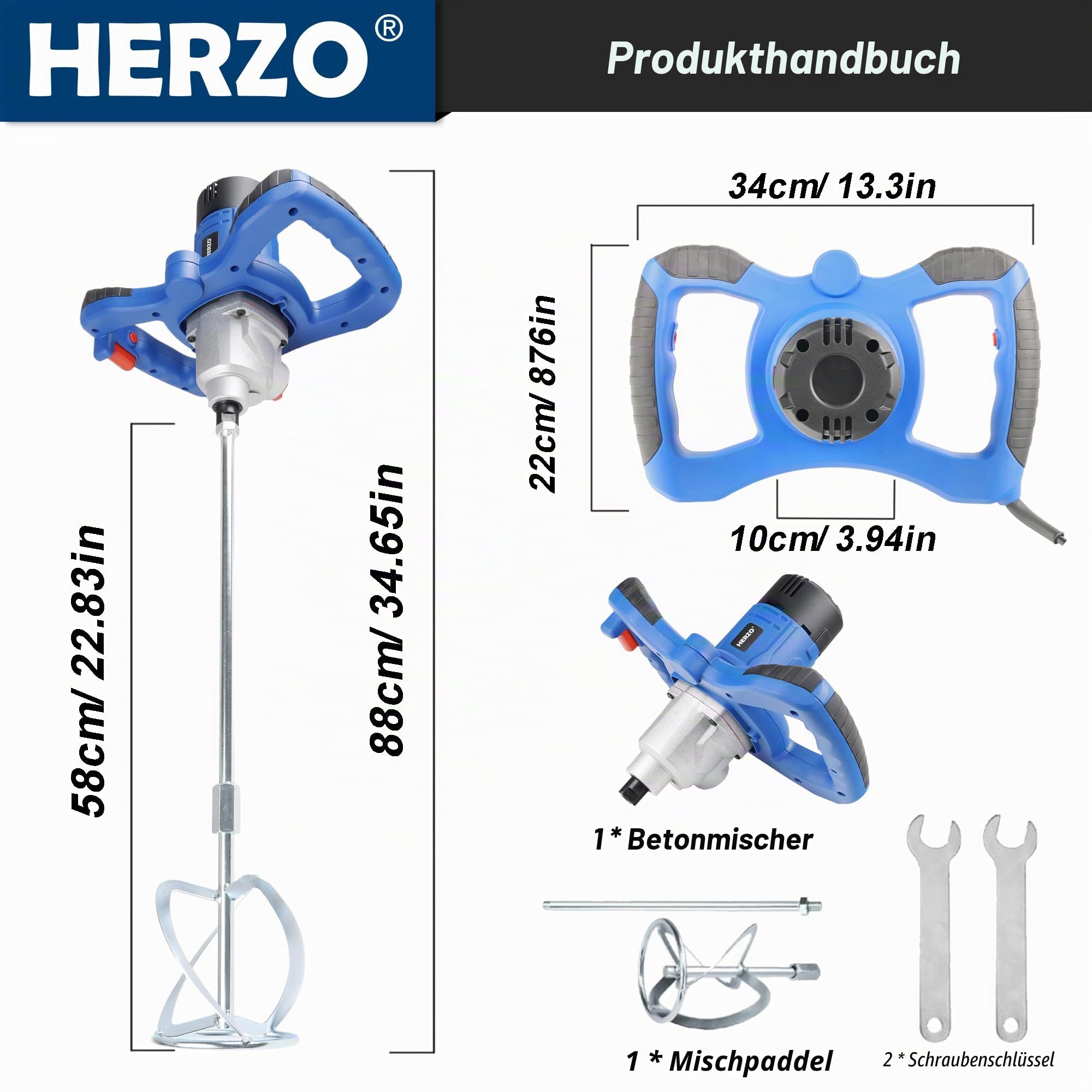 HERZO Rührwerk 1300W,Metallgetriebe,Rühreraufnahme M14, Rührer ø 120 mm für Mischgut Beton, Mörtel, Putz, Farbe, Kleber und Zement