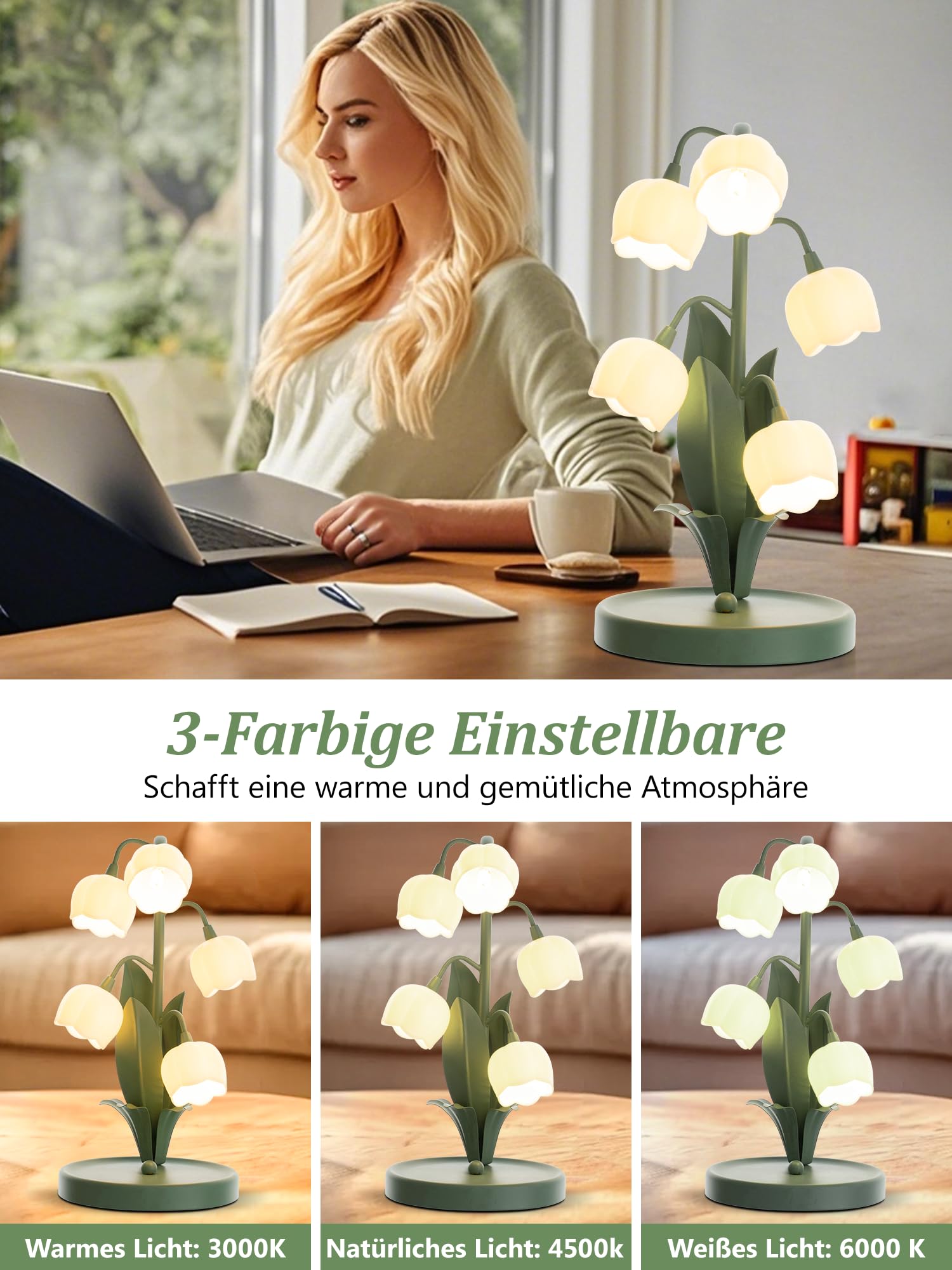Blume Tischlampe, 5 Lilien Nachttischlampe, Vintage Grüne Blume Tischlampen, 3 Farbmodi Leselampe LED-Lampe Nachttischlampe Tischlampe für Wohnzimmer, Büro, Schlafzimmer, Wohnkultur