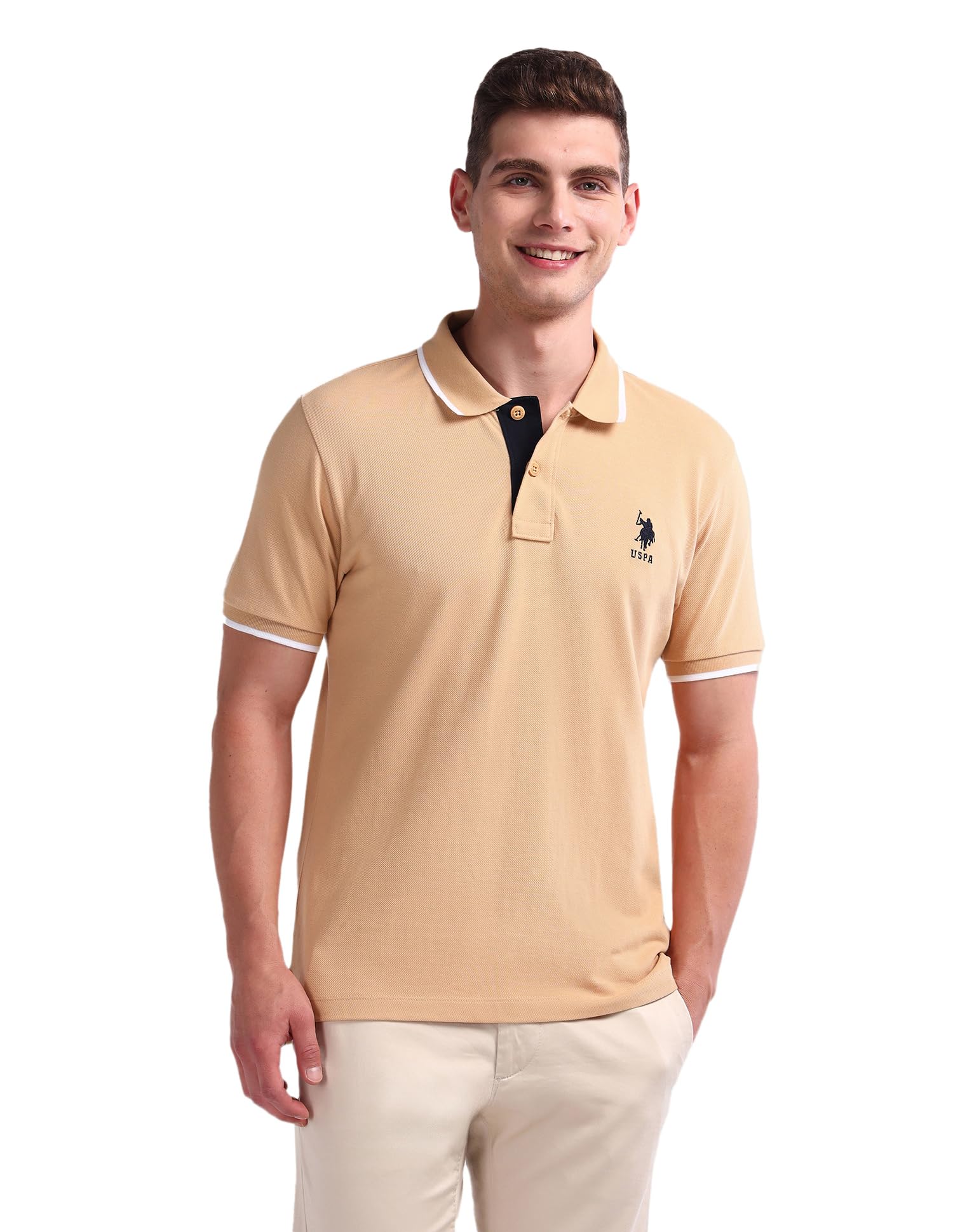 u.s. polo assn. Men's Beige Solid Polo Collar Collared Neck Short Sleeve Casual Cotton Slim Fit Polo Shirt-picture-26