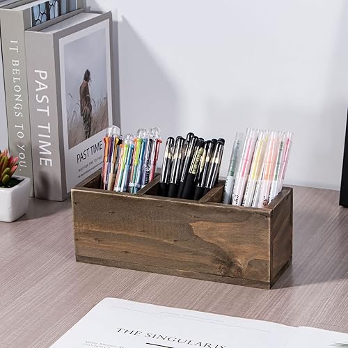 Miniatura 3 de Portalápices de madera, organizadores de escritorio y accesorios de 3 compartimentos extraíble, soporte rústico de control remoto, suministros de