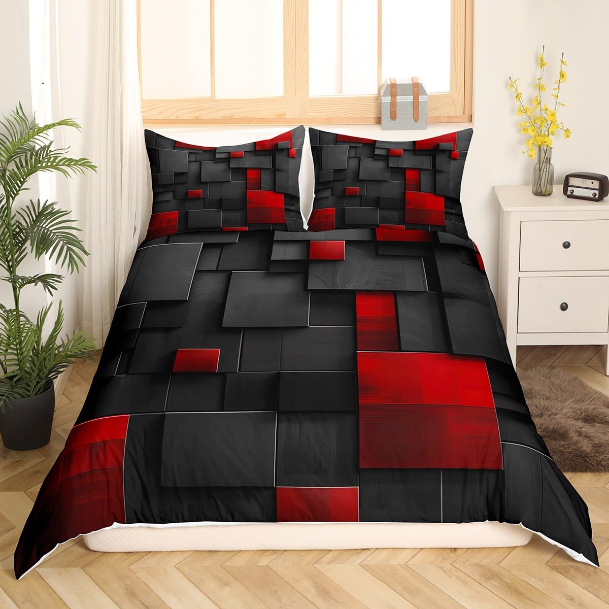 Manfei Abstract Grid Kids Duvet Cover Set Double Size, Red and Black Square Comforter Cover - Image 3