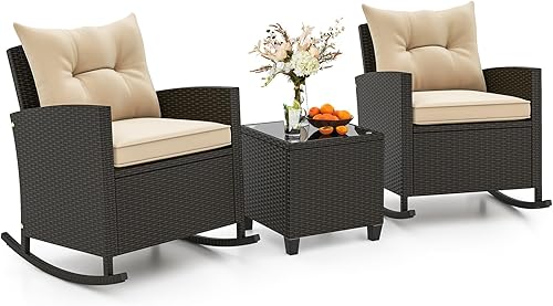 Miniatura 10 de Tangkula Juego de mecedoras de mimbre de 3 piezas, sillas roker de ratán para patio con mesa de vidrio templado y cojines suaves, juego de muebles