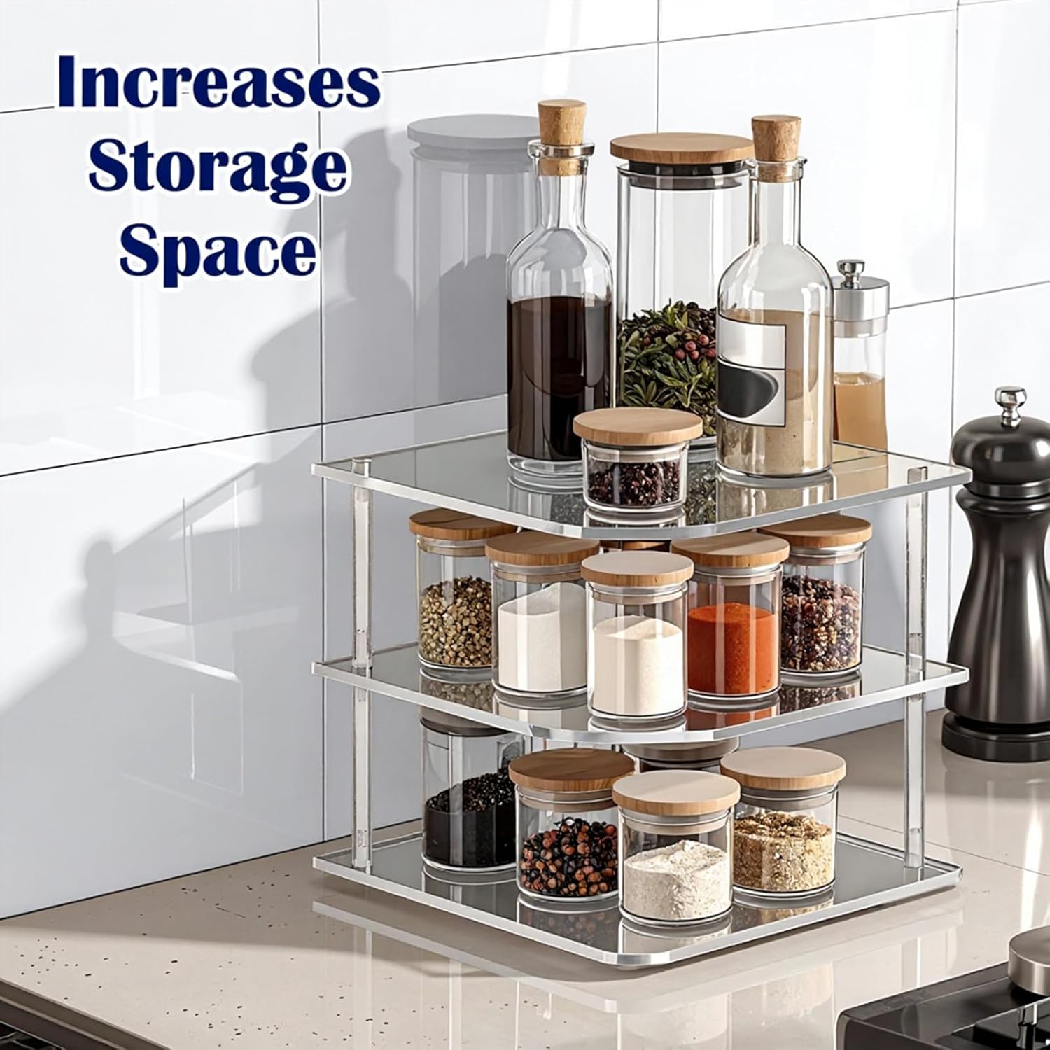 1 Pc Plate Organizer for Cabinet Space Saver - Clear Acrylic Corner Shelf for Dishes, Bowls - 3-Tier Kitchen Cabinet Plate Organization, Dinner Plates Holder, and Small Shelf for Bathroom Storage