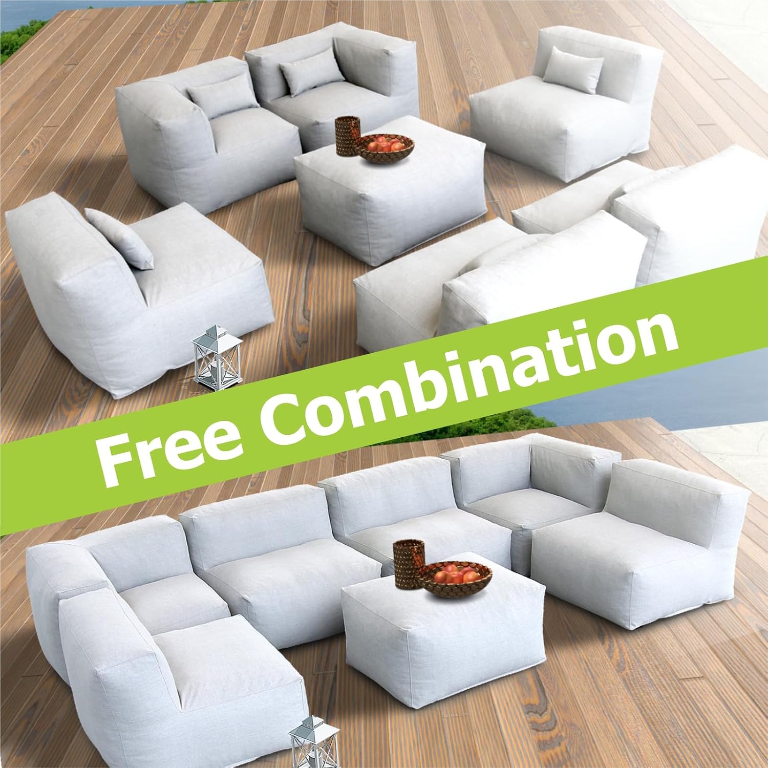 ANNYH CALALUNA 7Pc Patio Garden Furniture Sectional Conversation Set.Combines 4Middle, 2Corner, 1Ottoman/Coffee Outdoor Exp Foam Filled Chairs. A Unique Modular Contemporary Sofa (Cloud Gray)