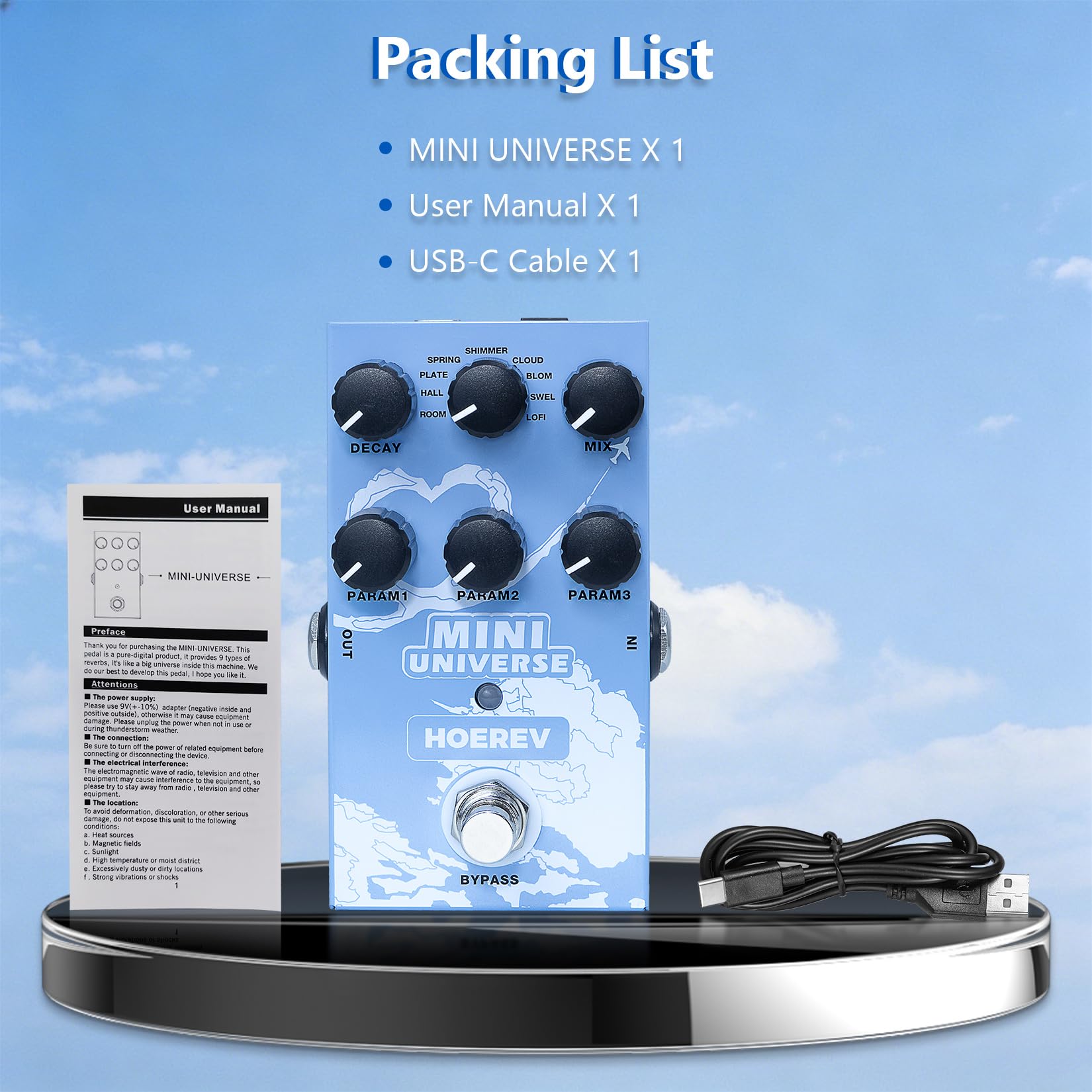 Hoerev Mini Universe Reverb Gitarren Effektpedal, 9 Reverb Effekte, Room/Hall/Plate/Spring/Shimmer/Cloud/Bloom/Swell/Lofi, True Bypass