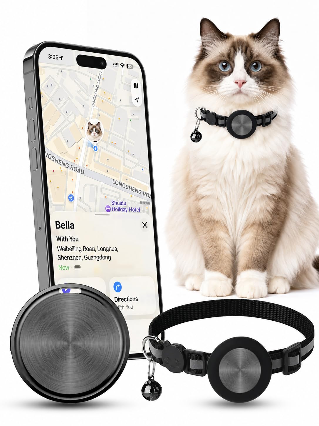 GPS Cat Tracker Collar for iPhone, Works with Apple Find My, No Monthly Fee, Pet Tracking Tag for Cats with Lightweight Collar Included, Cat GPS Tracker for Indoor & Outdoor Cats