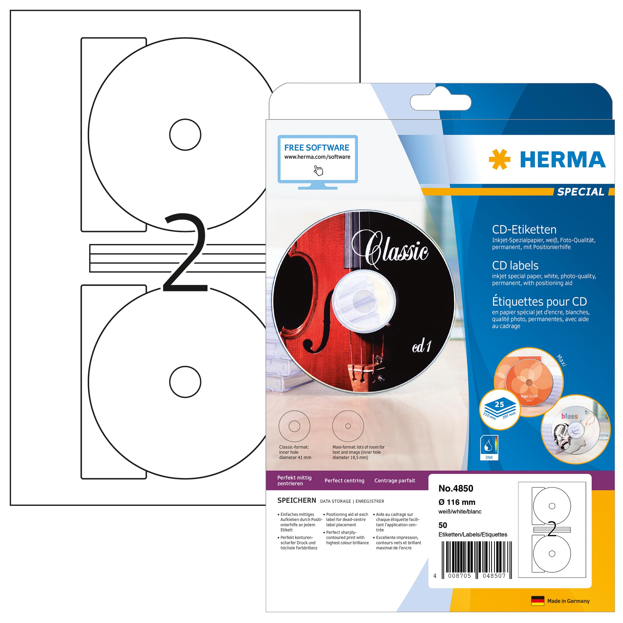 HERMA Self Adhesive Full Face CD Labels, 2 Labels Per A4 Sheet, 50 Labels For Inkjet Printers, Ø 116 mm MAXI (4850)