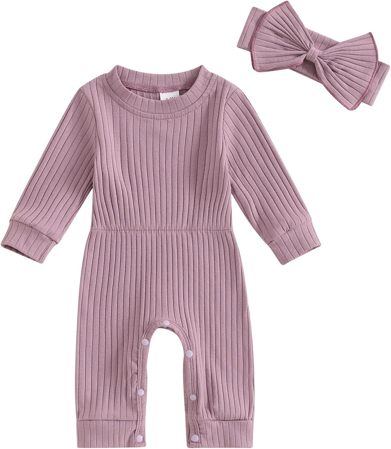 Newborn Baby Girl Fall Outfits Long Sleeve Ribbed Romper Jumpsuit with Headband Set Infant Girl Clothes