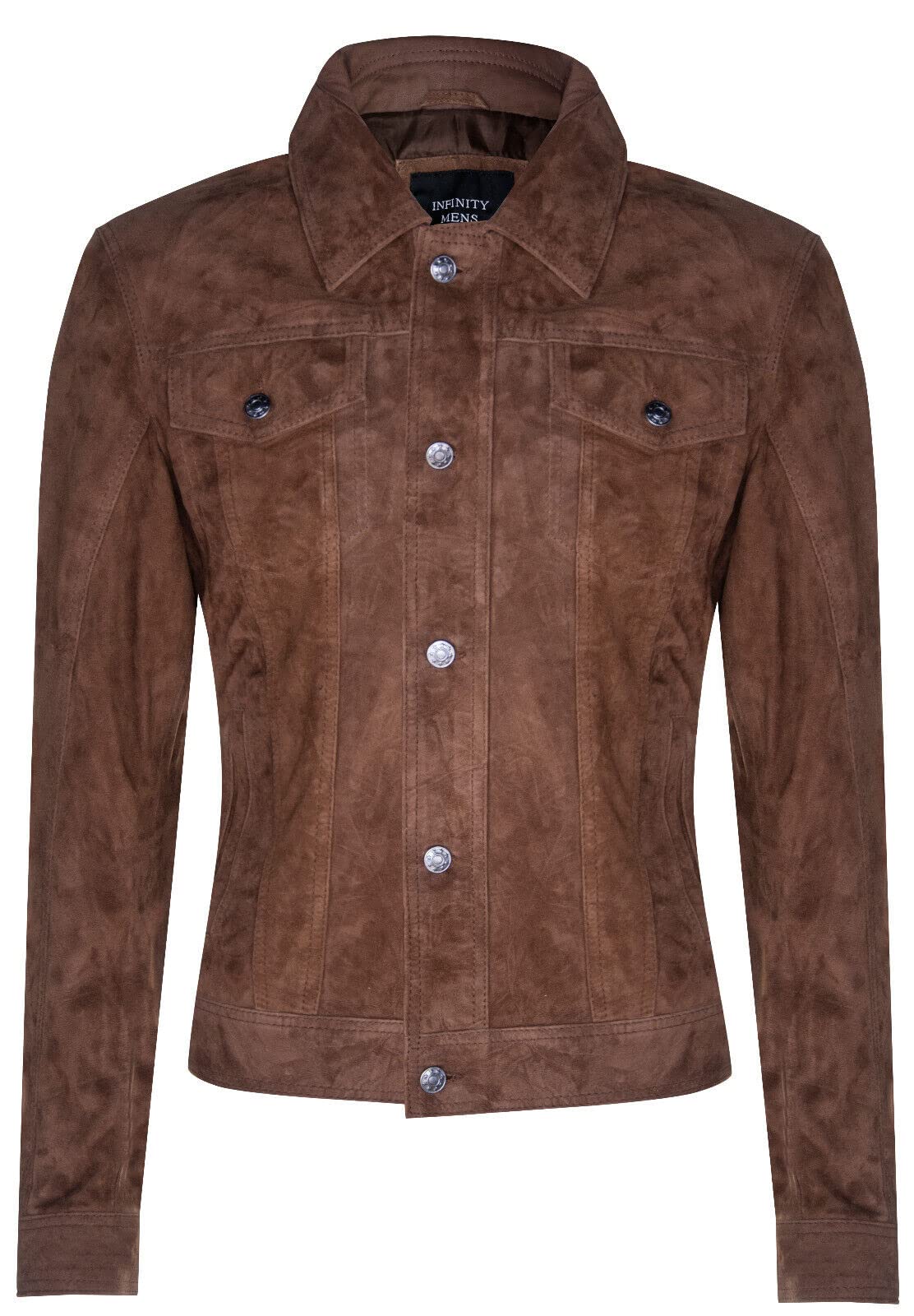 Infinity Leather Men's Tan Tobacco Goat Suede Jeans Jacket Trucker Casual Denim Leather Brown Shirt 4XL