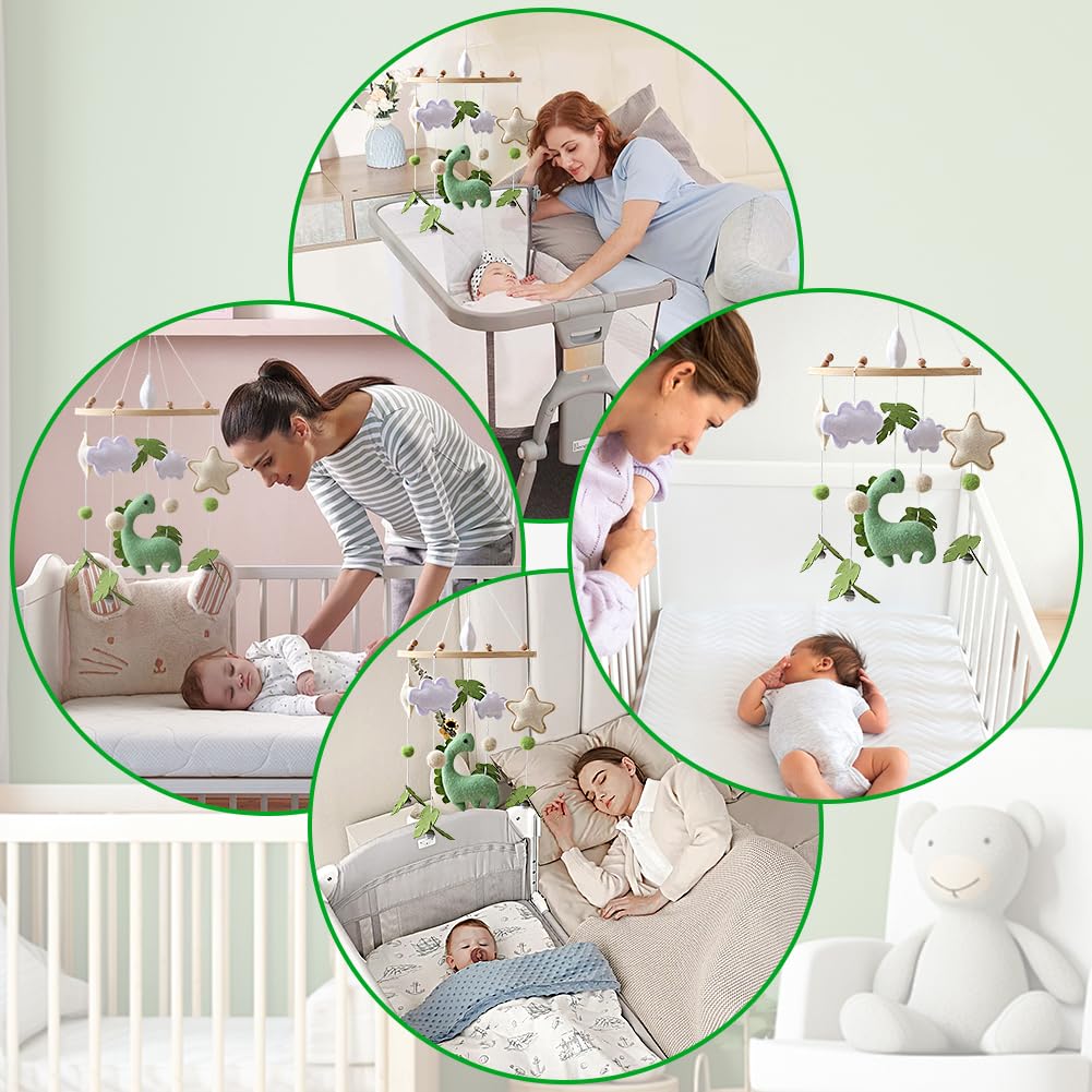 Giostrina Culla Neonato in Legno, con Feltro Dinosauri, Foglie, Nuvole e Stelle, Giostrina Neonato con Campanellino, Decorazioni per Cameretta, Regalo per Bambine o Bambini