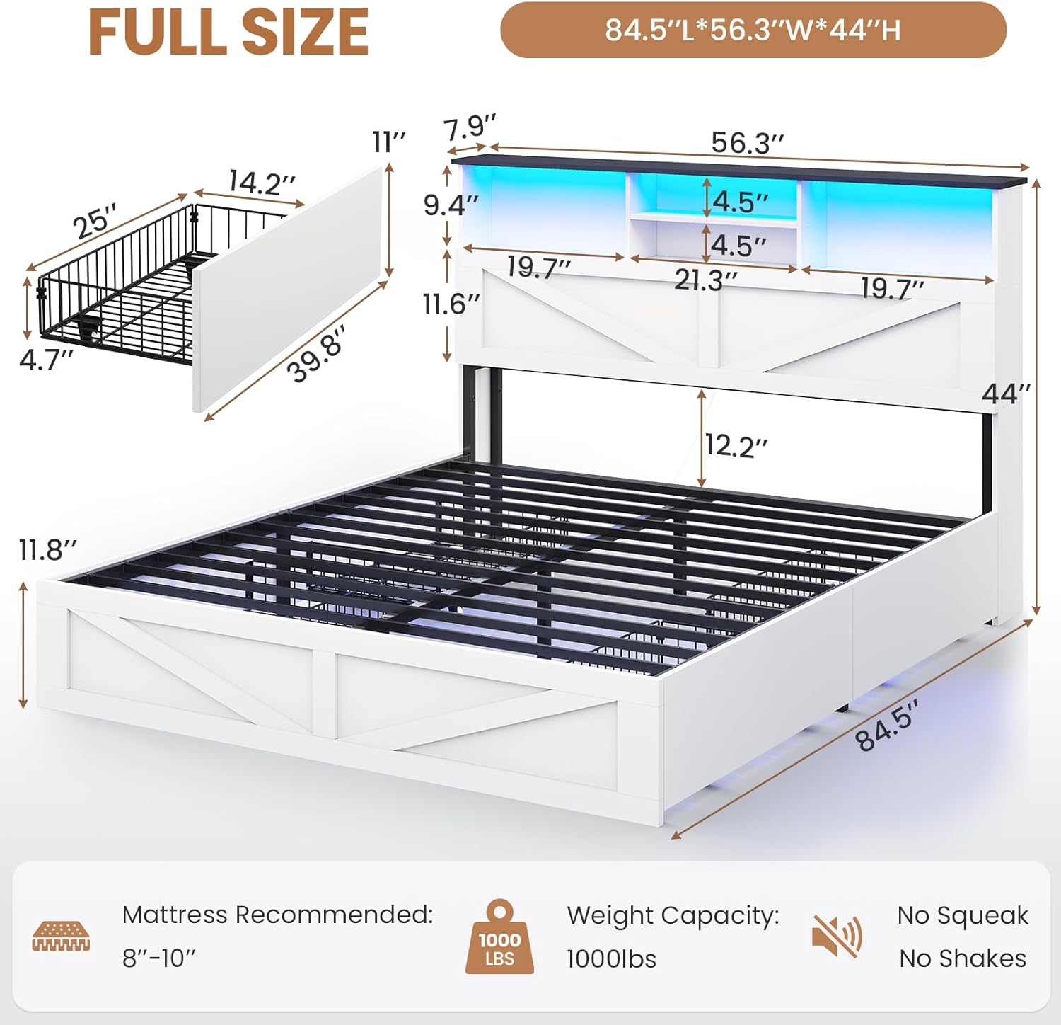 VIAGDO Farmhouse Bed Frame Full Size with Bookcase Storage Headboard, Charging Station and LED Lights, Wooden Full Bed Frame with 4 Drawers, Barn Door Design, No Box Spring Needed, No Noise, White