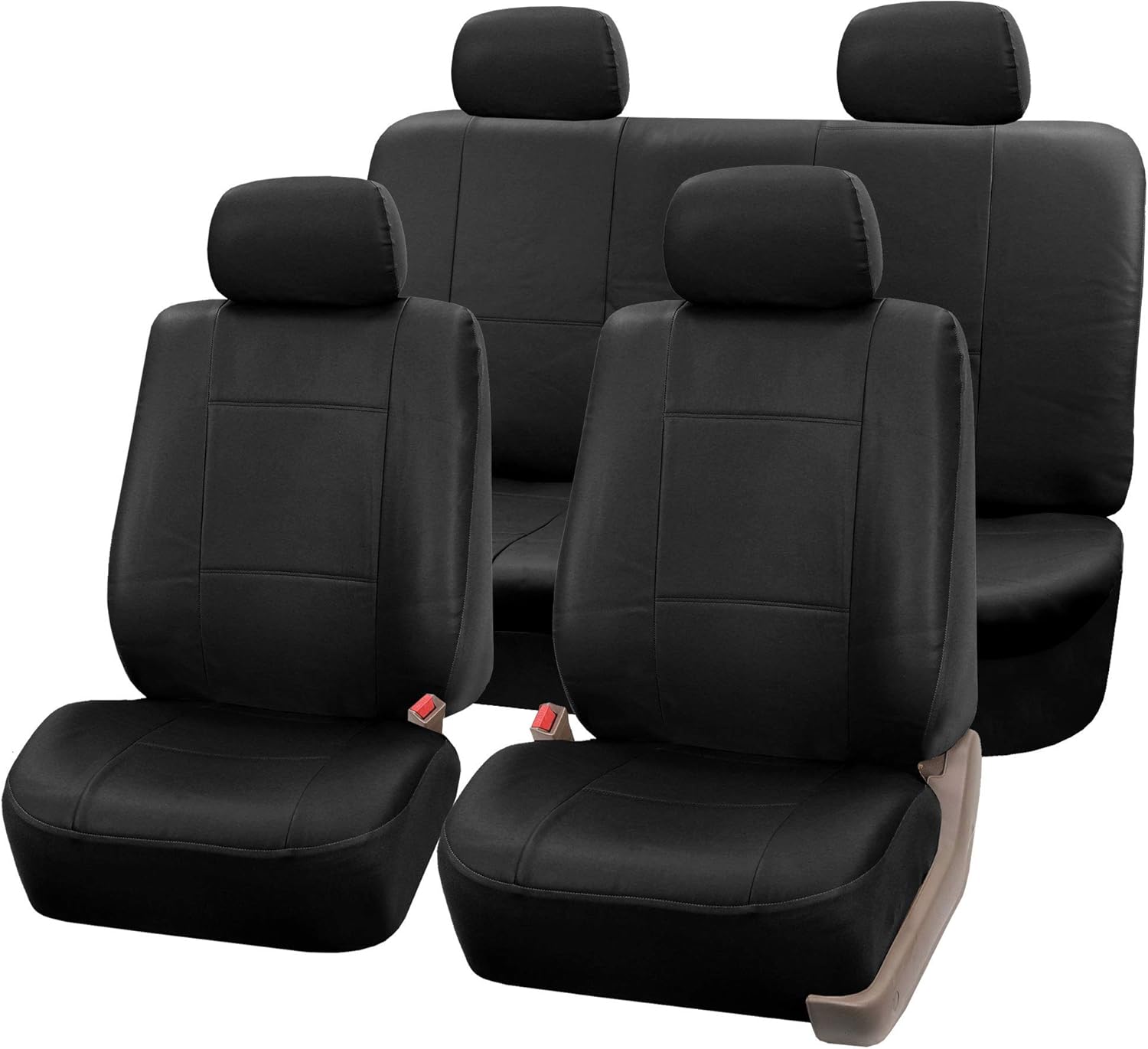 FH Group PU001114 + F11306 PU Leather Seat Covers (Black) Full Set – Universal Fit for Cars Trucks & SUVs