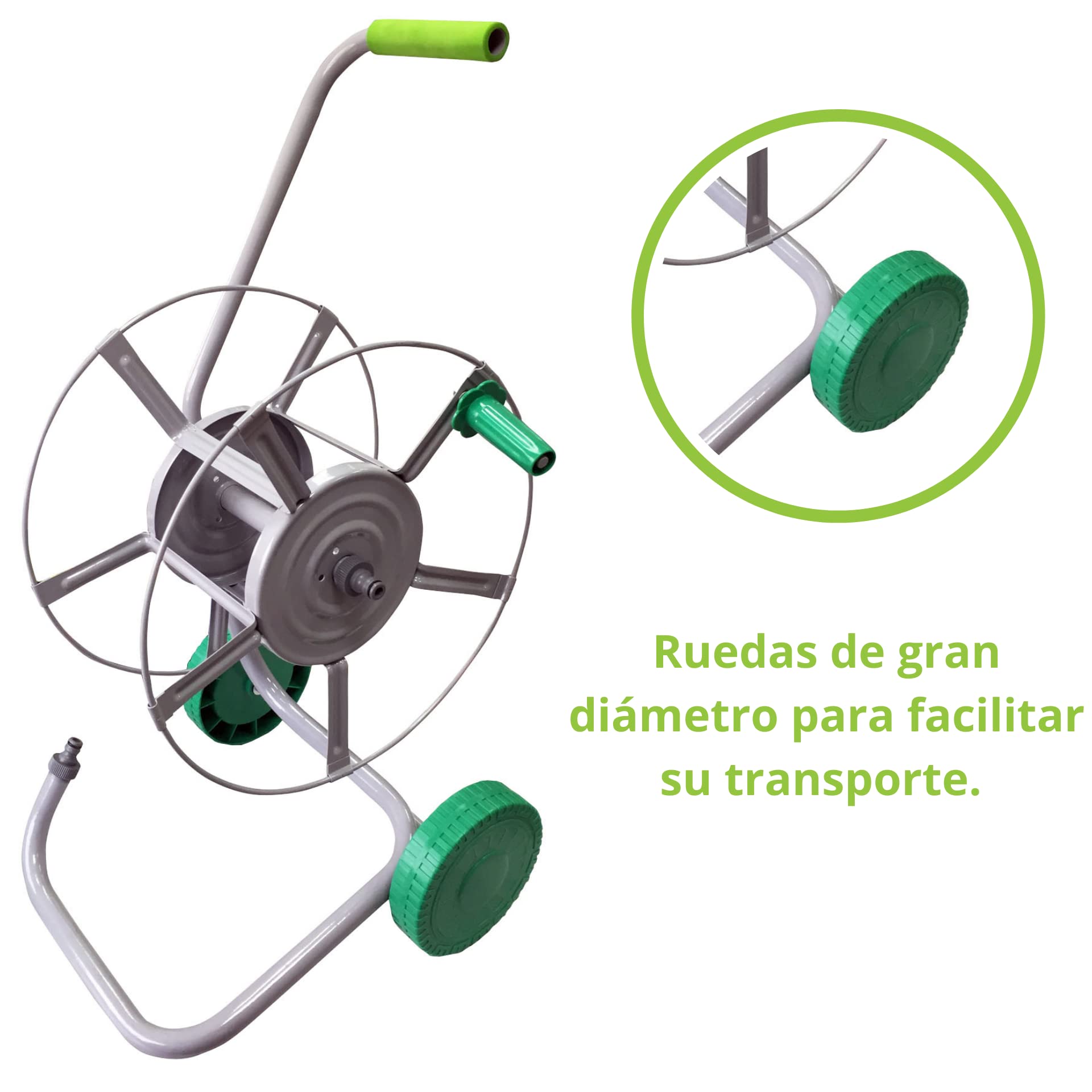 Carro para recoger mangueras, capacidad para 60 metros de manguera, cuenta con 2 ruedas para el fácil transporte, cuerpo fabricado en metal.Cuenta con 2 conexiones rápidas para la alimentación de agua