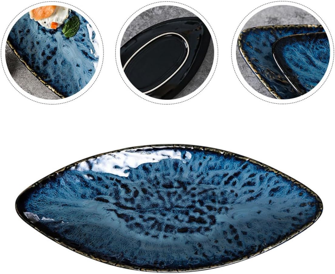 SOLUSTRE Ceramic Sushi Plate Large Willow Leaf Shape Salmon Dish Multipurpose Sashimi Tray Japanese Food Serving Plate for Home Kitchen Dining